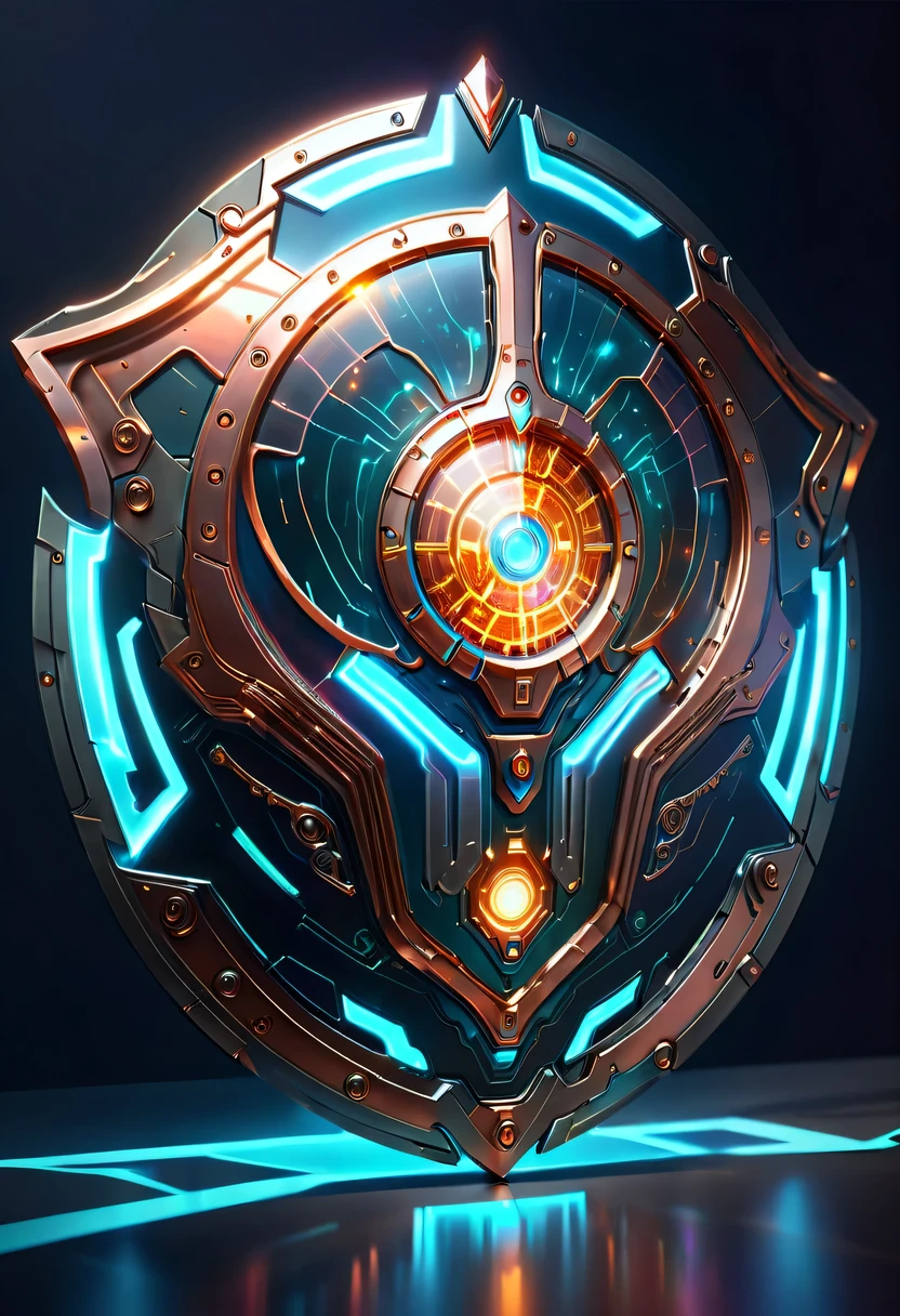 (Legendary Energy Light Shield:1.5),liquid metal,Copper plate engraving,Sci-fi transparent ethereal shield,cyberpunk,Holographic projection,mechanical aesthetics,neon lights,laser light,fluorescence,glow effect,liquid metal,Copper plate engraving,Unreal Engine,