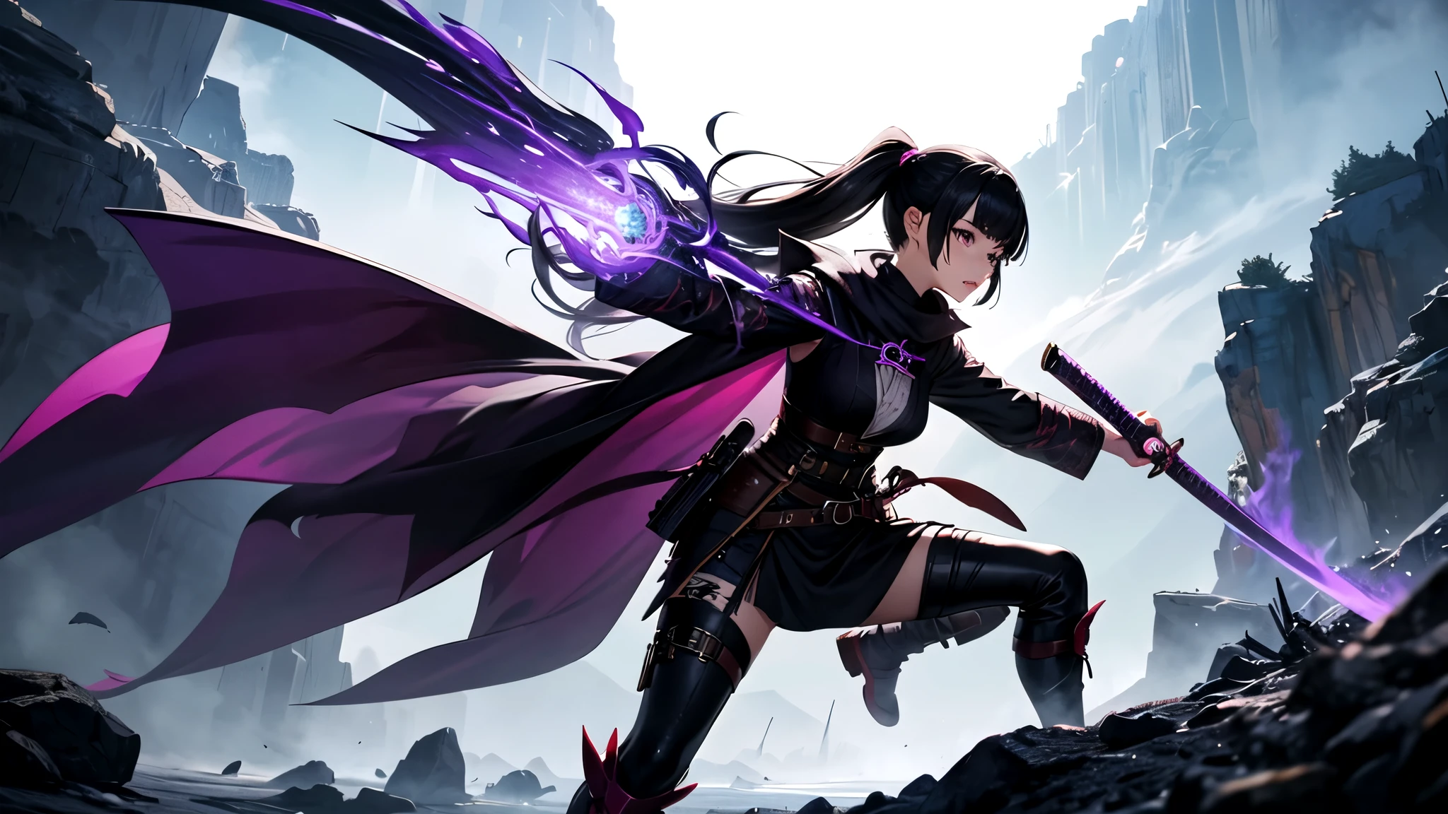 monster hunter, black hair, long pony tail, purple eyes, girl in Odogaron gear with a long sword katana swinging in the air, purple glowing effects, black gothic outfit