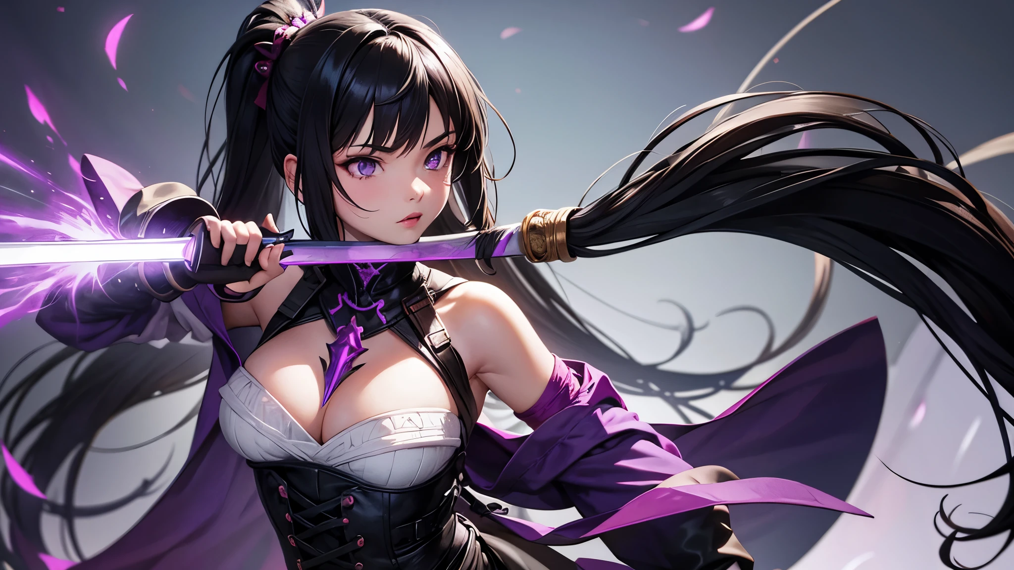 monster hunter, black hair, long pony tail, purple eyes, girl in Odogaron gear with a long sword katana swinging in the air, purple glowing effects, black gothic outfit