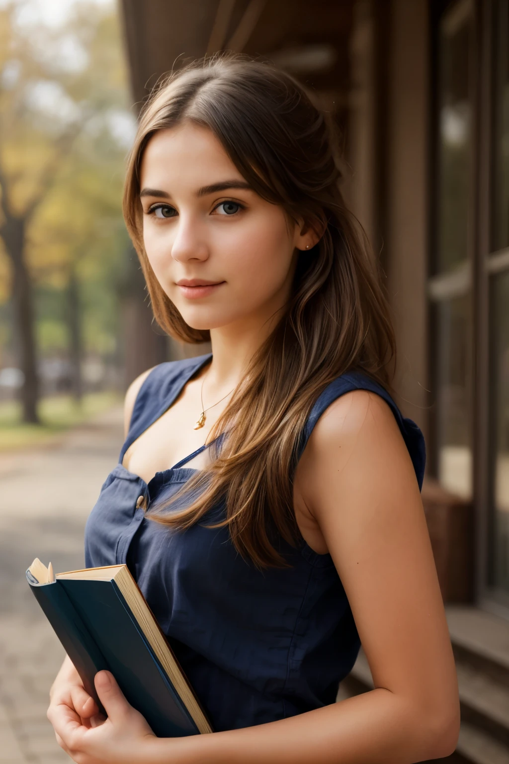 beautiful girl holding a book, head turned to the left, photo realism,8K