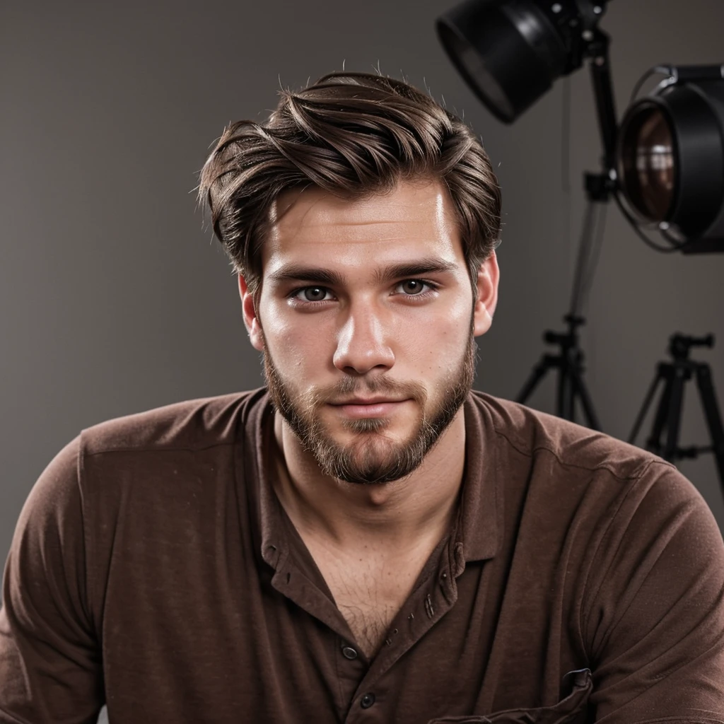 Generate a 23-year-old young man with a medium beard, a rugged and neat dark brown hairstyle, brown eyes, and a European-looking Caucasian appearance. The photograph is very realistic, frontal, and taken in a photo studio. The man is looking straight ahead, with fair skin.
