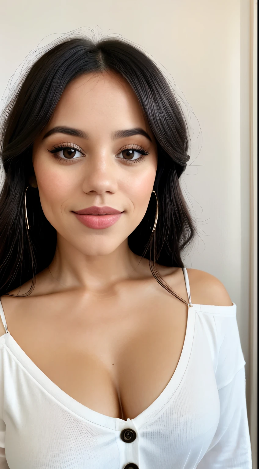 JennaOrtega, bigfaketits, A mulher na foto exibe um estilo suave, genuine smile that lights up your face. Seus olhos, Formato alterado, possuem um brilho particular, como se ela estivesse contente ou animada. The irises of the eyes are a dark shade. Logo acima, Suas sobrancelhas, Dark color and medium thickness, They are well designed and appear to follow the natural curve of the eyebrow.., No signs of flaws or spacing. Seu nariz tem um perfil reto, Terminando em uma ponta levemente superficial. The nostrils are imperceptible and well proportioned to the size of the nose... Her lips are a natural pink hue. The upper lip is thinner, while the lower lip is fuller, Giving an aesthetic balance to your smile. O rosto dela tem um formato ovalado, which is considered one of the most harmonic formats. isto tapers gently from the cheekbones to the chin, which is slightly rounded. Her cheekbones are prominent, giving a sense of definition to your face. The forehead is medium in size and well proportioned to the rest of the face. Observando uma imagem, The woman appears to have a slender physical build. Your shoulders are well defined, But don&#39;t let go, and his posture is upright, which enhances a confident appearance. She doesn't seem to be muscular, Seu cabelo tem textura ondulada e bastante volumoso , tom marrom escuro, quase preto, and reflects a healthy glow. Algumas mechas soltas enquadram seu rosto, enquanto outros descem pelos seus ombros. como a vestimenta, Ela usa uma blusa bege ou creme com pequenos, discreet buttons that run vertically across the garment. The white blazer she wears is made of smooth fabric.., with a classic cut. O colarinho do blazer se encontra aberto, exibindo parte da blusa por baixo. Your hands, de dedos finos e unhas bem cuidadas, parece estar fazendo um gesto sutil, perhaps adjusting the blouse or gently touching the buttons. The background of the image is neutral and clear, which helps to further highlight the woman and her characteristics.
