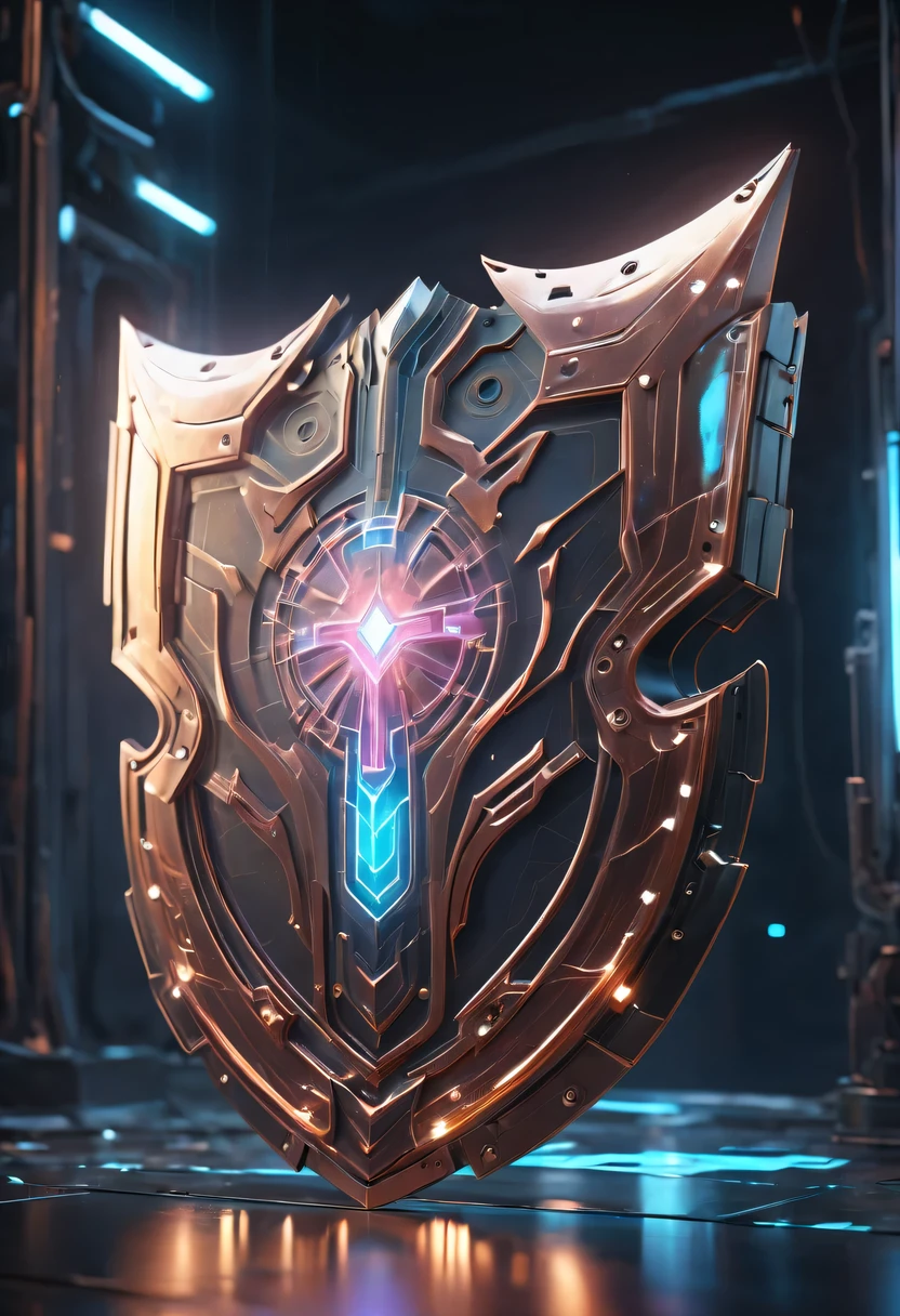 (Legendary Energy Light Shield:1.5)，liquid metal，Copper plate engraving，Sci-fi transparent ethereal shield，cyberpunk，Holographic projection，mechanical aesthetics，neon lights，laser light，fluorescence，glow effect，liquid metal，Copper plate engraving，Unreal Engine,