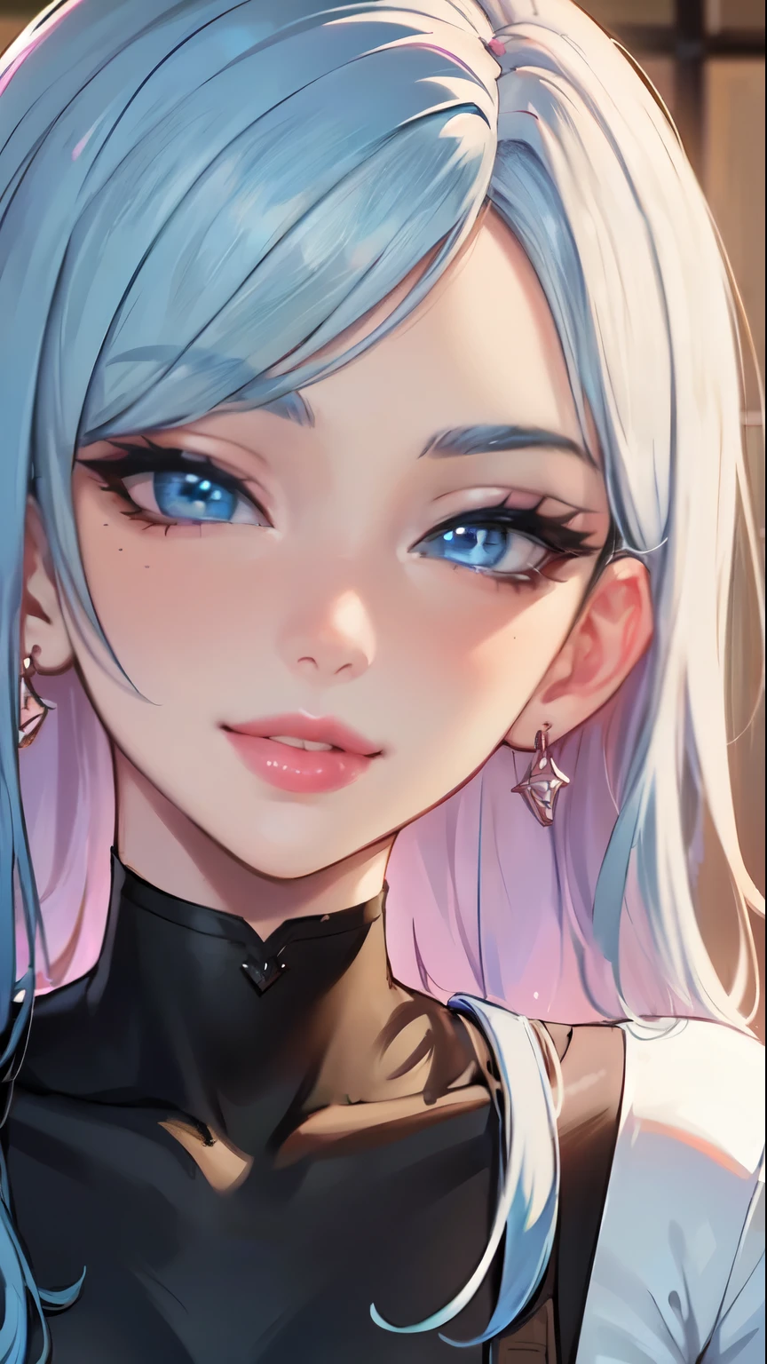 Masterpiece, raw, beautiful art, professional artist, 8k, art style by sciamano240, very detailed face, very detailed hair, 1 mature woman, perfectly drawn body, beautiful face, long hair, light blue hair , very detailed blue eyes, pouty lips , rosey cheeks, intricate details in eyes, playful smile, looking directly at viewer , in love with viewer expression, black chocker, lipstick, very close up on face, studio setting, wearing tight t shirt,