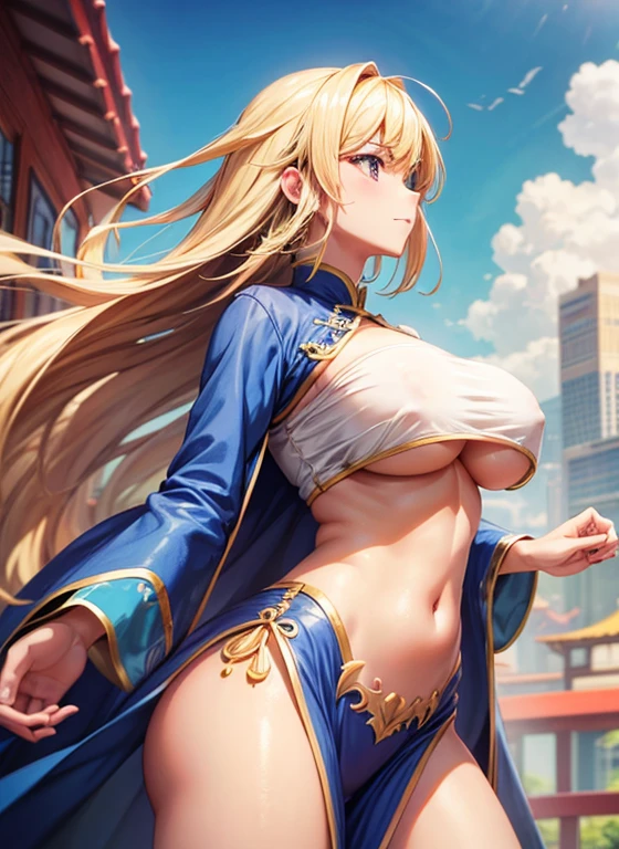 one woman,Detailed contours,Super best image quality,China dress,underboob,From the side down,Beautiful big,Nipples are sagging,Belly exposure,exposing chest,Doggy,underboobだけ見せる,from the side of your feet,blonde,standing position,My clothes are just on my chest,Low - Angle,anime characters,Breasts fully visible,close to the breasts,close to her,