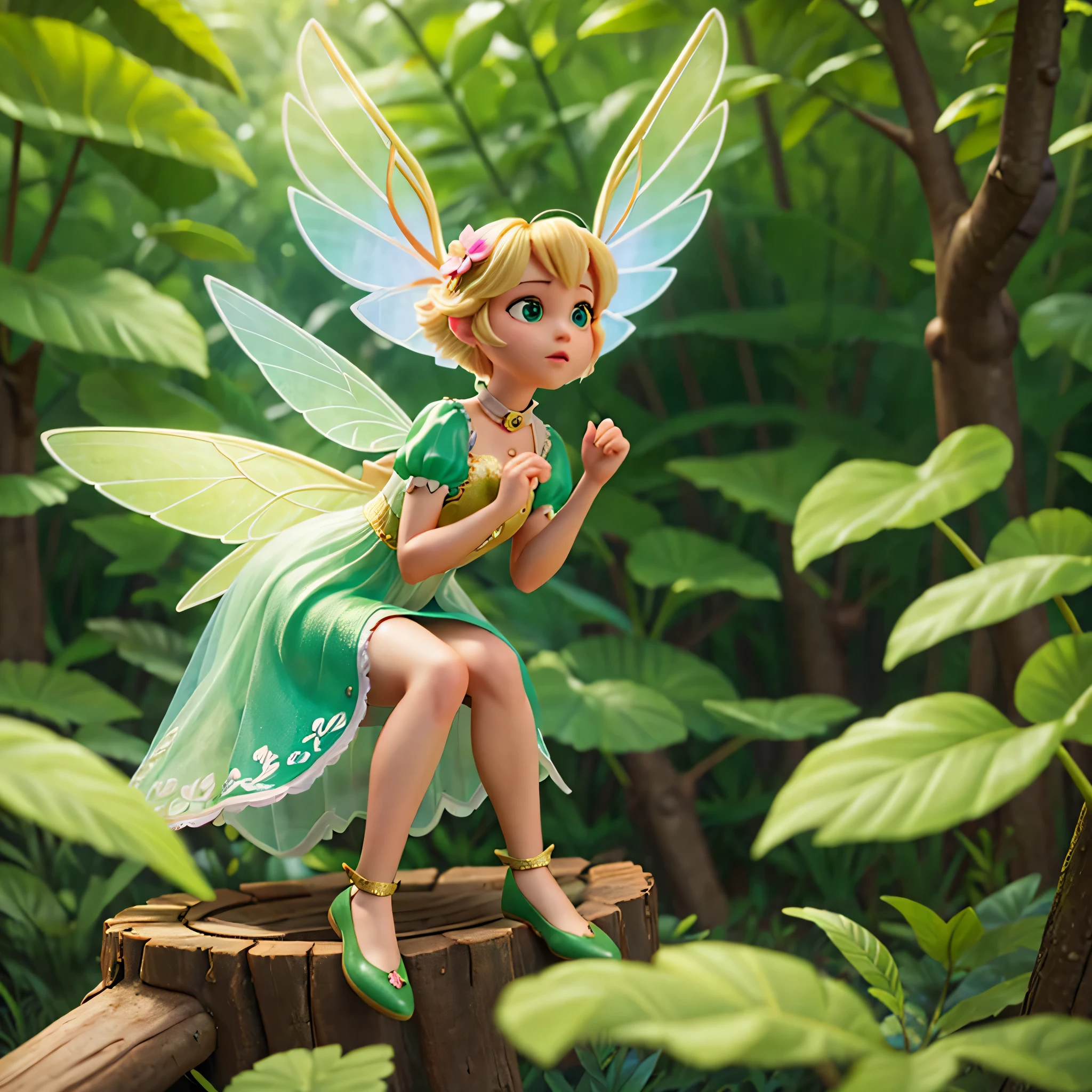 Illustration of a fairy with incredibly translucent wings, cute and beautiful sitting on a beautiful flower on a tree trunk, disney-pixar style, blonde hair, green leaf clothes,
In a bright magical forest., ultra HD, realistic, vivid colors, perfect composition,
beautiful intricately detailed and intricate octane rendering trends in artstation, 8k artistic photography,
digital art, natural and soft volumetric cinematic perfect light