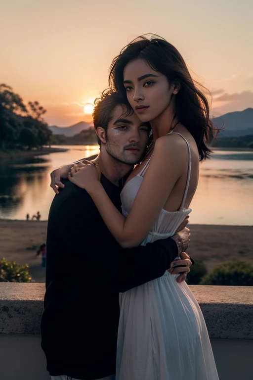casal, homem robert pattinson, mulher morena, homem levantando mulher no colo, beijo, sunset lighting, lago de paisagem, olhos fechados, melhor qualidade