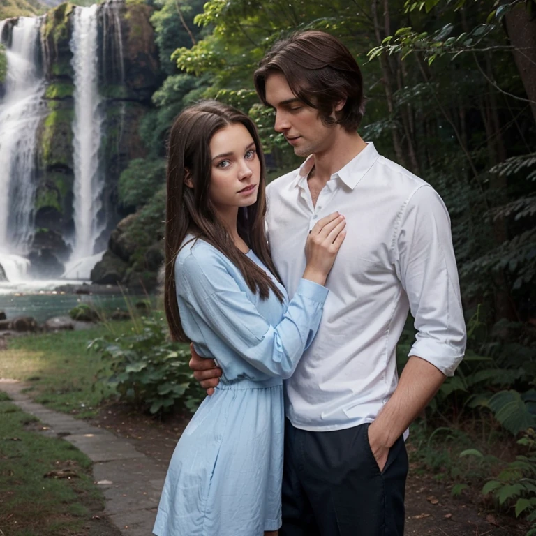 girl with long brown hair , blue eyes, The girl is wearing a short dress , Next to him is a black-haired guy with short, coarse hair. , guy is tall ,The guy is wearing a white long-sleeved shirt and trousers . Girl and guy hugging, against the backdrop of nature, fantasy style , professional photo , realistically