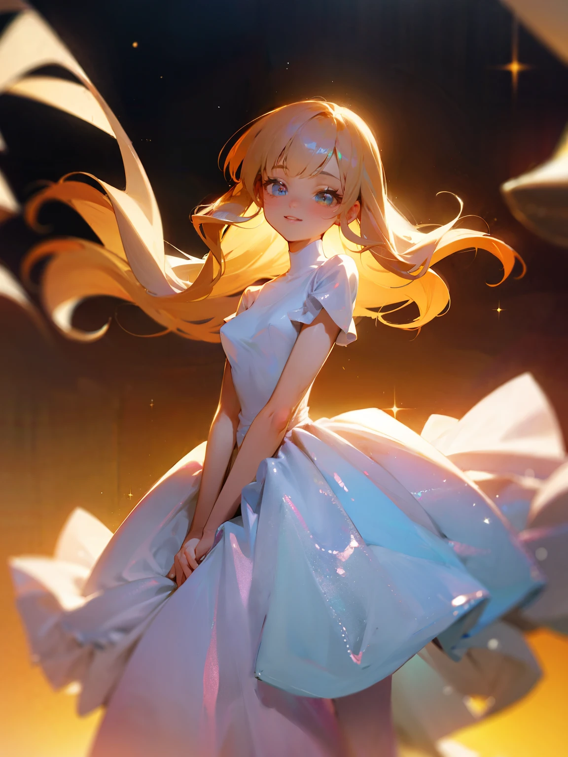 bioluminescent shiny glow, beautiful girl in flowing ballgown dress, Tohru honda wearing flowing organza galaxy dress, galaxy style dress, galaxy glow, sparkling, ethereal, fluffy flowing hair, silky glistening iridescent ash hair, long flowing silky hair, tender eyes, innocent, pure, cute, delicate, wholesome smile, sweet, tender, cozy, ethereal, flower breeze, 