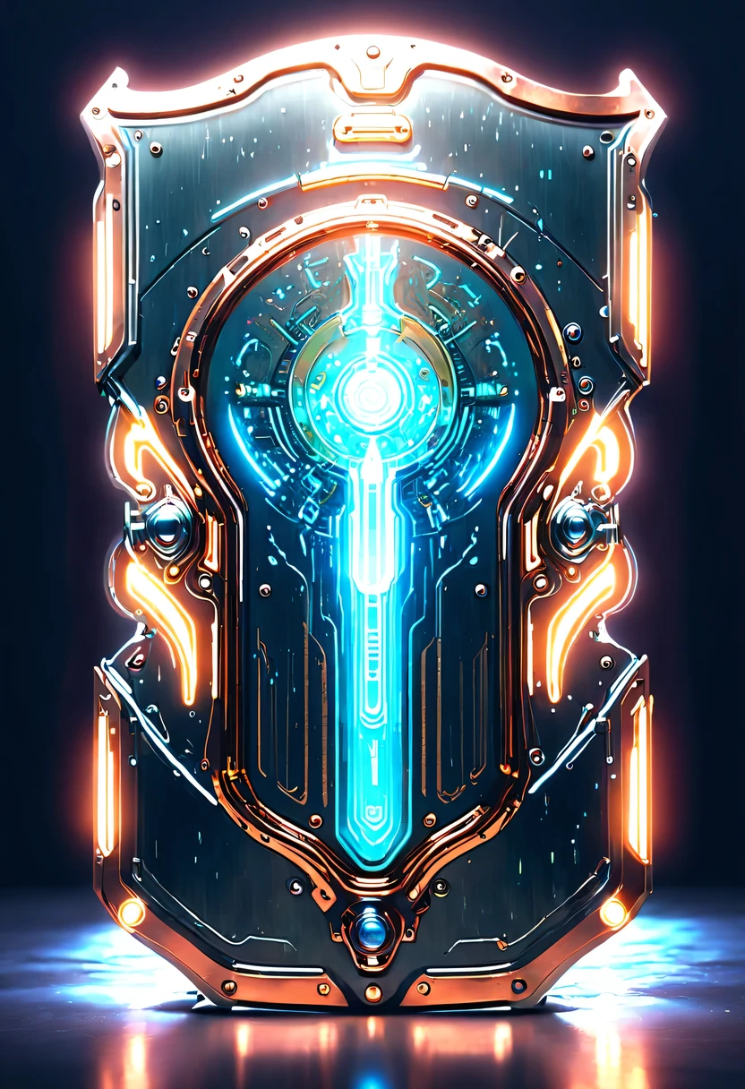 (Legendary Energy Light Shield:1.5)，liquid metal，Copper plate engraving，Sci-fi transparent ethereal shield，cyberpunk，Holographic projection，mechanical aesthetics，neon lights，laser light，fluorescence，glow effect，liquid metal，Copper plate engraving，Unreal Engine,