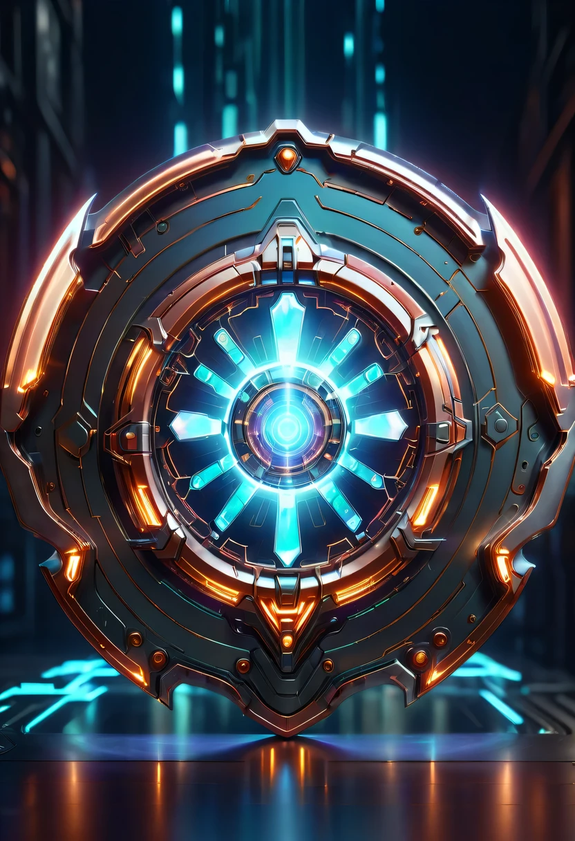 (Legendary Energy Light Shield:1.5)，liquid metal，Copper plate engraving，Sci-fi transparent ethereal shield，cyberpunk，Holographic projection，mechanical aesthetics，neon lights，laser light，fluorescence，glow effect，liquid metal，Copper plate engraving，Unreal Engine,