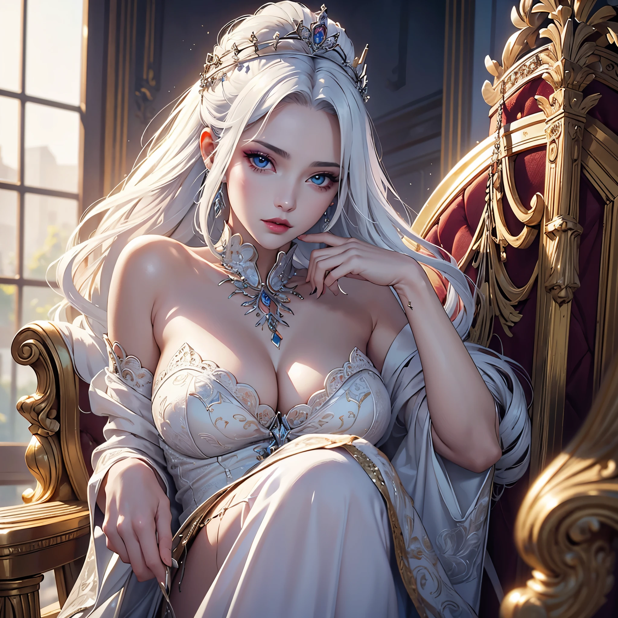 masterpiece: 1.2, best quality), realistic, (real image, intricate details, depth of field), (1girl, solo), makeup, highly detailed, perfect face, long white hair, queen, dye, seductive, female, throne behind background, crown, coronation, beautiful, 