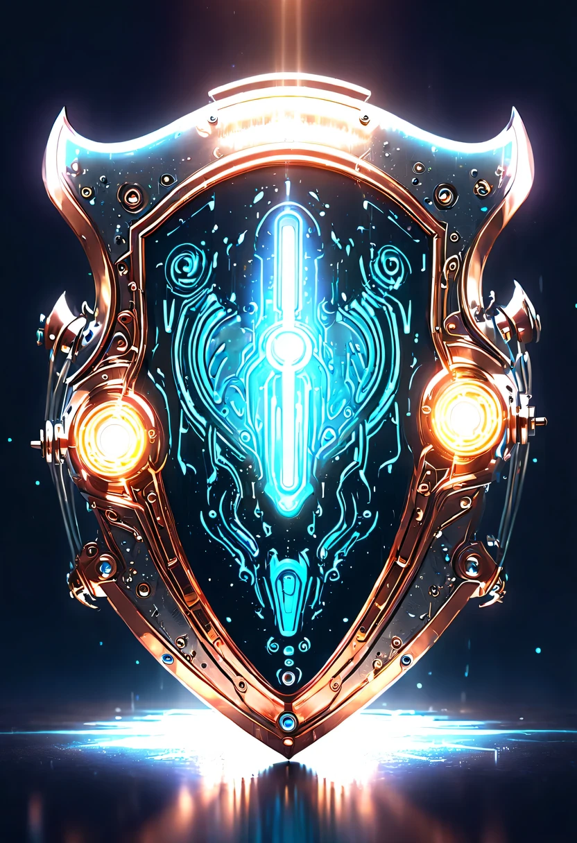 (Legendary Energy Light Shield:1.5)，liquid metal，Copper plate engraving，Sci-fi transparent ethereal shield，cyberpunk，Holographic projection，mechanical aesthetics，neon lights，laser light，fluorescence，glow effect，liquid metal，Copper plate engraving，Unreal Engine,