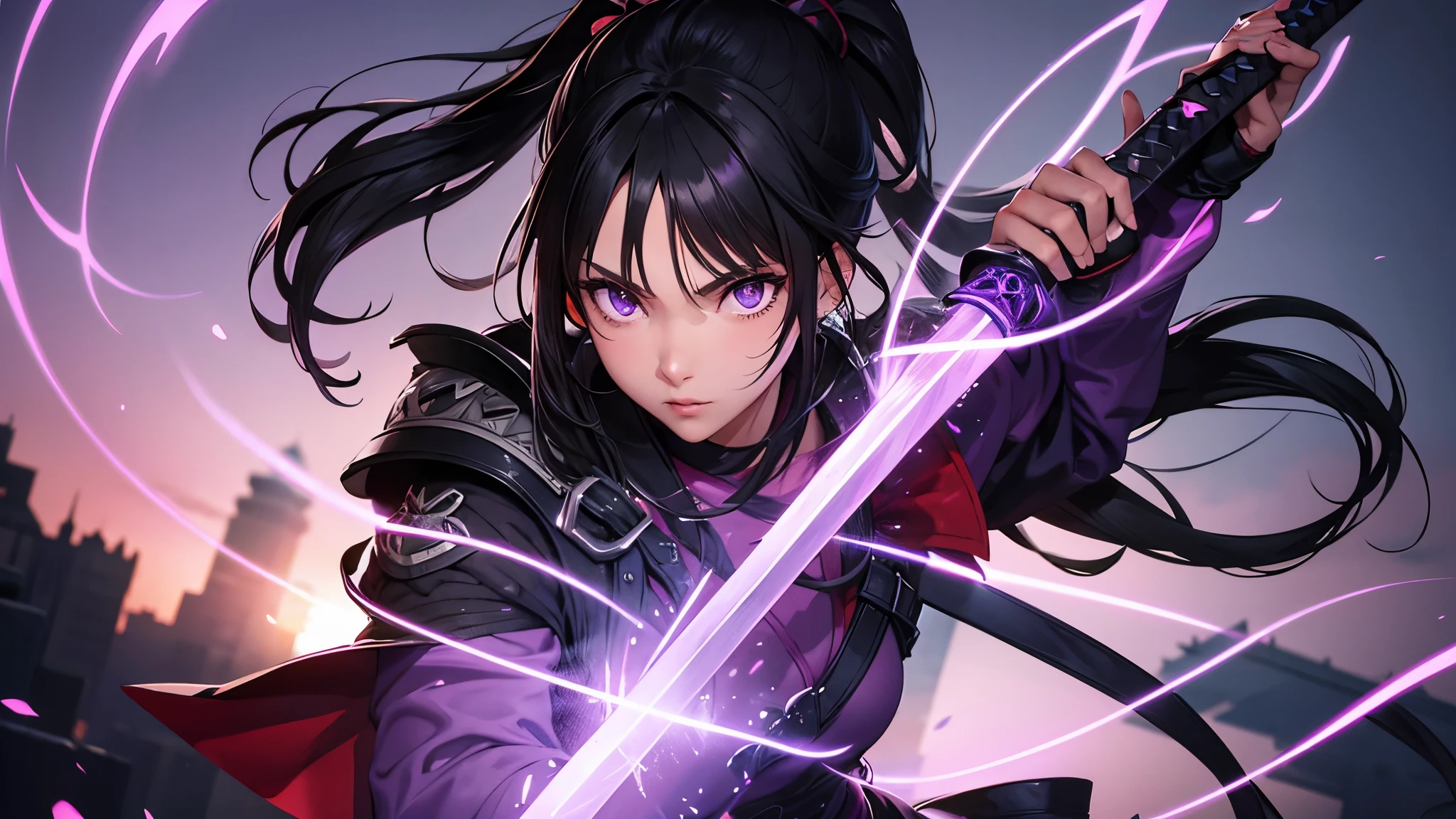 monster hunter, black hair, long pony tail, purple eyes, girl in Odogaron gear with a long sword katana swinging in the air, purple glowing effects, black gothic outfit