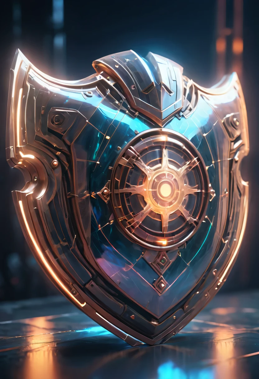 (Legendary Energy Light Shield:1.5)，liquid metal，Copper plate engraving，Sci-fi transparent ethereal shield，cyberpunk，Holographic projection，mechanical aesthetics，neon lights，laser light，fluorescence，glow effect，liquid metal，Copper plate engraving，Unreal Engine,