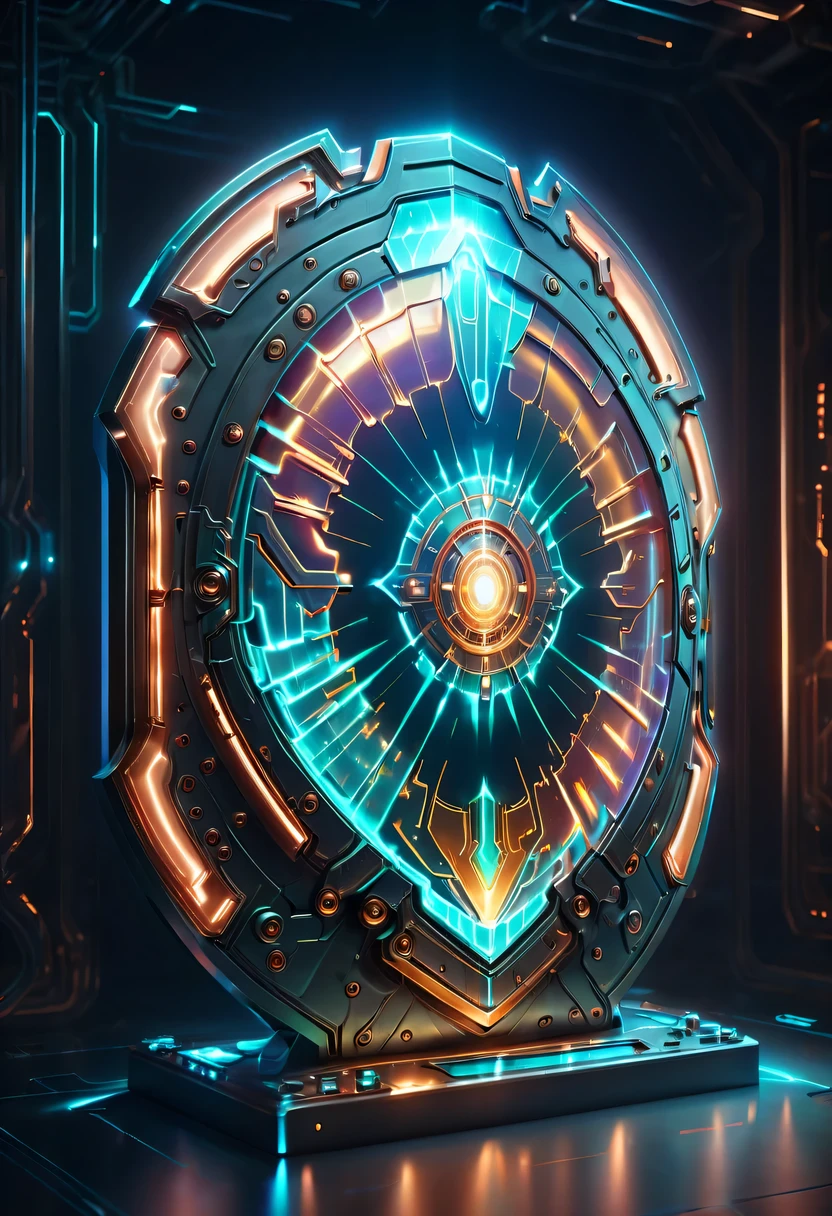 (Legendary Energy Light Shield:1.5)，liquid metal，Copper plate engraving，Sci-fi transparent ethereal shield，cyberpunk，Holographic projection，mechanical aesthetics，neon lights，laser light，fluorescence，glow effect，liquid metal，Copper plate engraving，Unreal Engine,