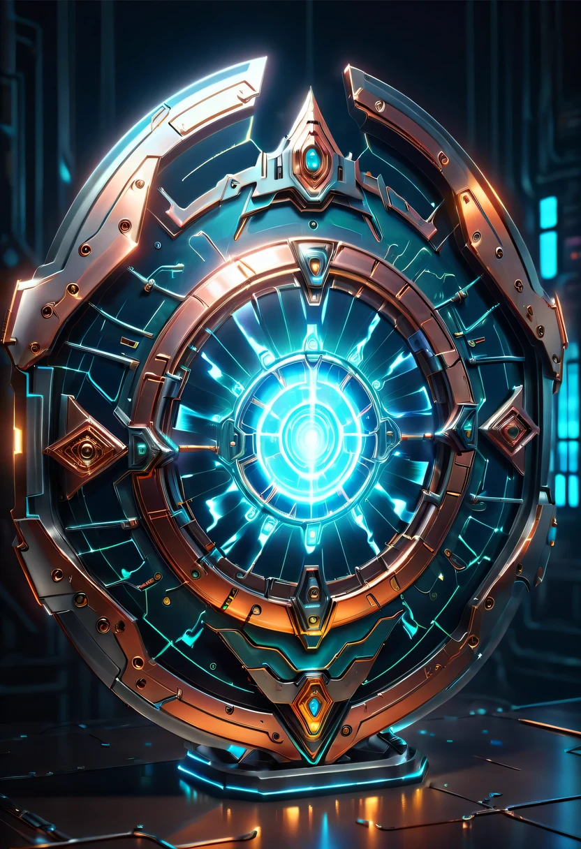 (Legendary Energy Light Shield:1.5)，liquid metal，Copper plate engraving，Sci-fi transparent ethereal shield，cyberpunk，Holographic projection，mechanical aesthetics，neon lights，laser light，fluorescence，glow effect，liquid metal，Copper plate engraving，Unreal Engine,