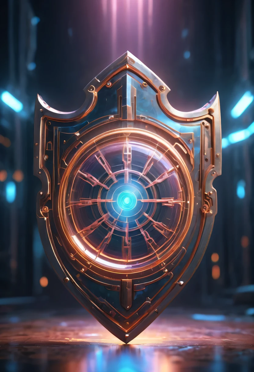 (Legendary Energy Light Shield:1.5)，liquid metal，Copper plate engraving，Sci-fi transparent ethereal shield，cyberpunk，Holographic projection，mechanical aesthetics，neon lights，laser light，fluorescence，glow effect，liquid metal，Copper plate engraving，Unreal Engine,