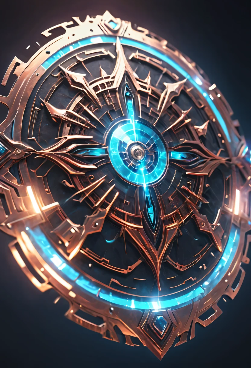(Legendary Energy Light Shield:1.5)，liquid metal，Copper plate engraving，Sci-fi transparent ethereal shield，cyberpunk，Holographic projection，mechanical aesthetics，neon lights，laser light，fluorescence，glow effect，liquid metal，Copper plate engraving，Unreal Engine,