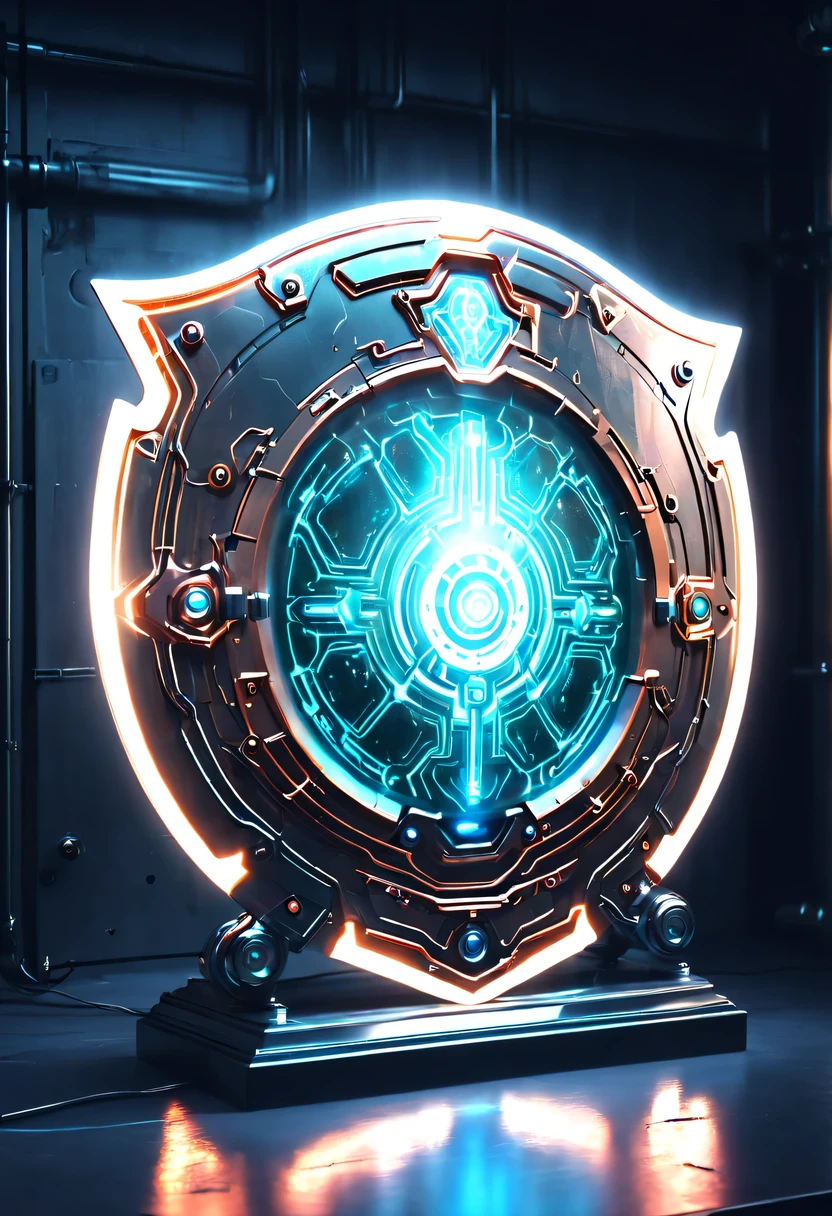 (Legendary Energy Light Shield:1.5)，liquid metal，Copper plate engraving，Sci-fi transparent ethereal shield，cyberpunk，Holographic projection，mechanical aesthetics，neon lights，laser light，fluorescence，glow effect，liquid metal，Copper plate engraving，Unreal Engine,