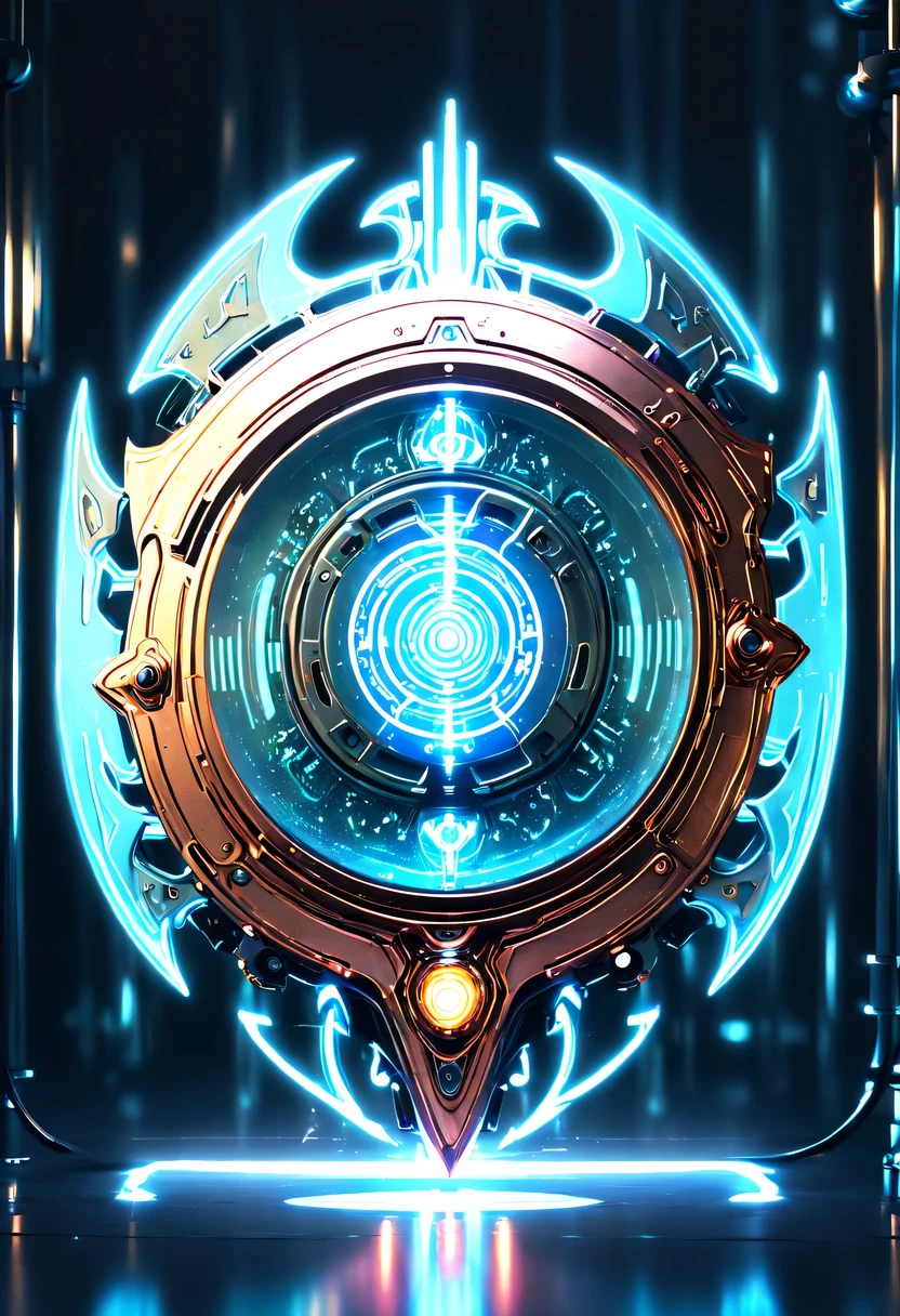(Legendary Energy Light Shield:1.5),liquid metal,Copper plate engraving,Sci-fi transparent ethereal shield,cyberpunk,Holographic projection,mechanical aesthetics,neon lights,laser light,fluorescence,glow effect,liquid metal,Copper plate engraving,Unreal Engine,