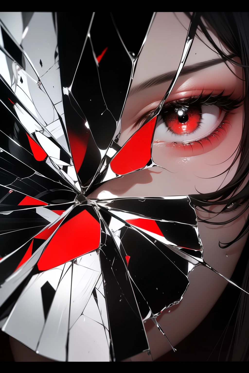 Black and white,Absolutely beautiful woman,Bust,Broken mirror,Black and white splitting,Red Tears,Black and white painting,Broken,sublevel,Black and white,Shattered by darkness and light,symmetry
