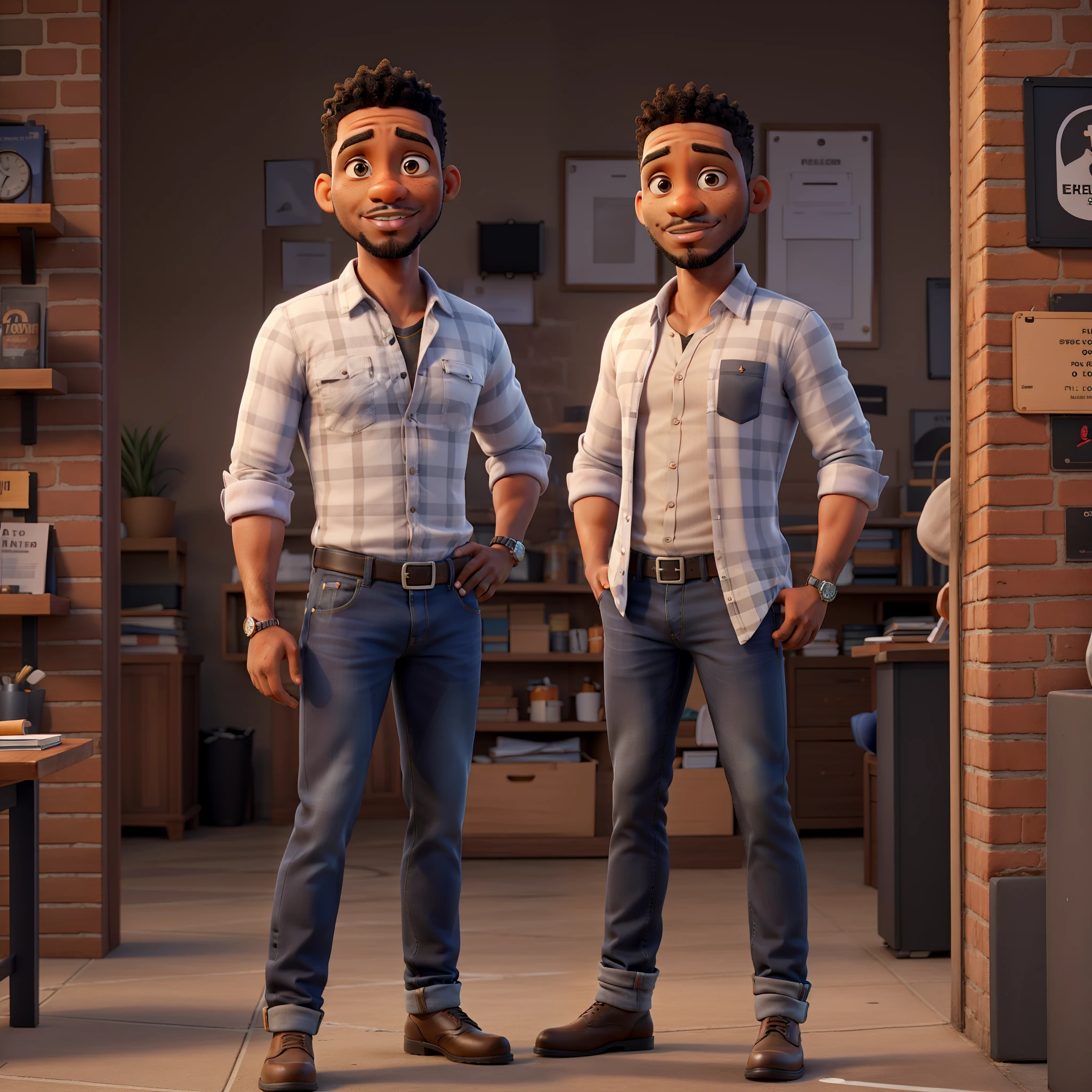 37 year old black business man, entrepreneur, ?????, alto e magro com papada, cabelo muito curto, wearing a white plaid shirt and jeans, Looking at the camera.