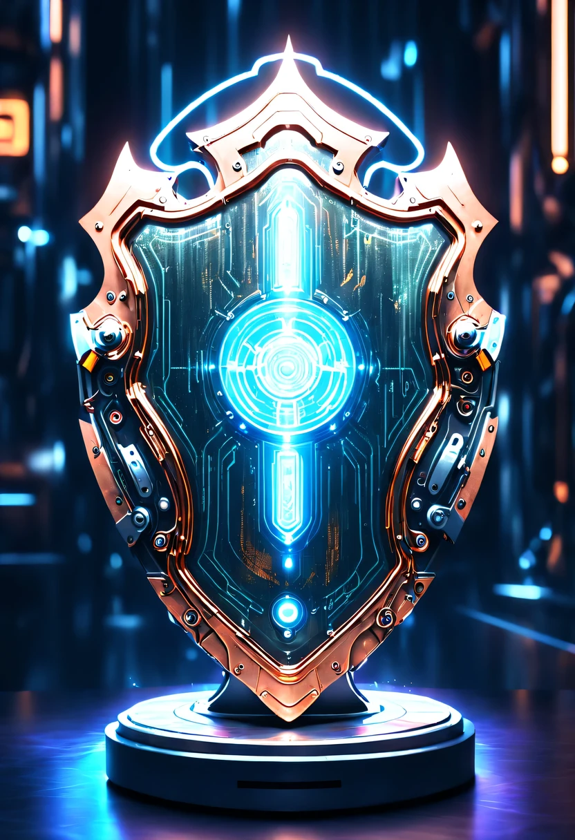 (Legendary Energy Light Shield:1.5),liquid metal,Copper plate engraving,Sci-fi transparent ethereal shield,cyberpunk,Holographic projection,mechanical aesthetics,neon lights,laser light,fluorescence,glow effect,liquid metal,Copper plate engraving,Unreal Engine,