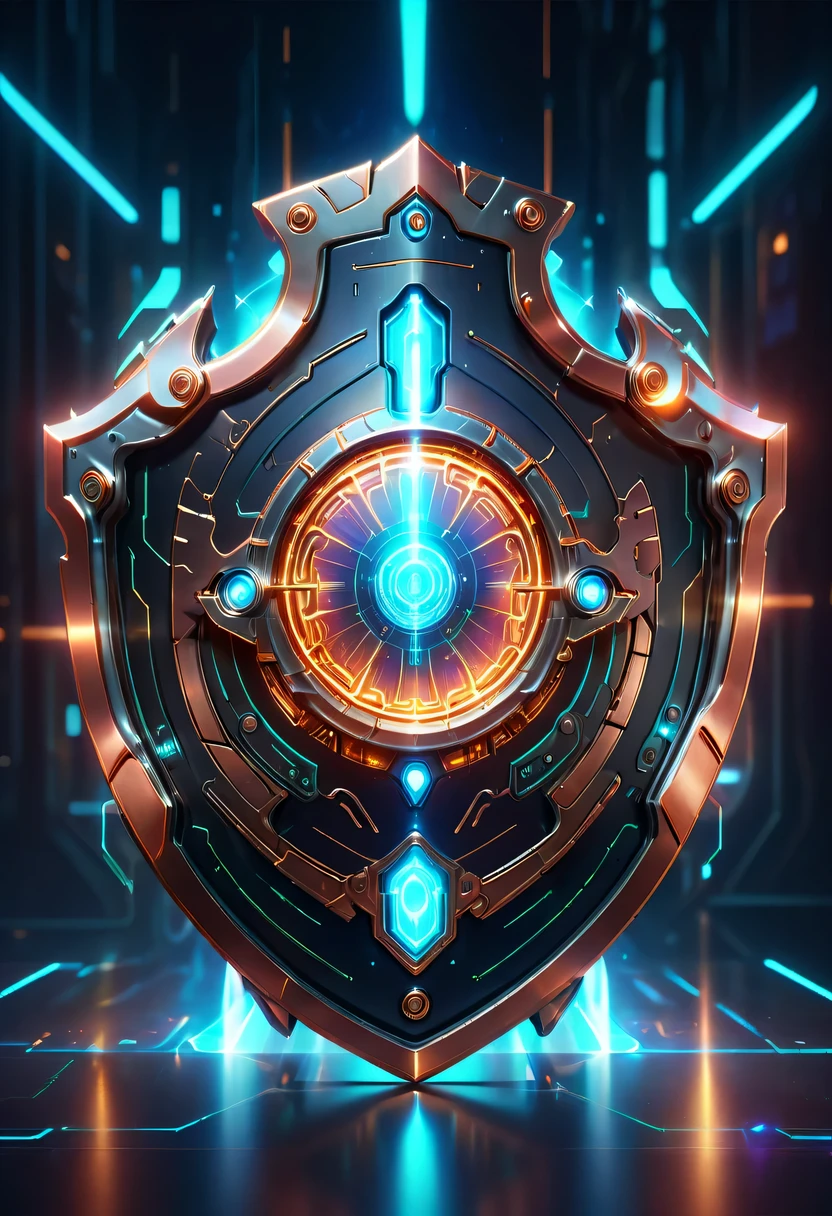 (Legendary Energy Light Shield:1.5),liquid metal,Copper plate engraving,Sci-fi transparent ethereal shield,cyberpunk,Holographic projection,mechanical aesthetics,neon lights,laser light,fluorescence,glow effect,liquid metal,Copper plate engraving,Unreal Engine,