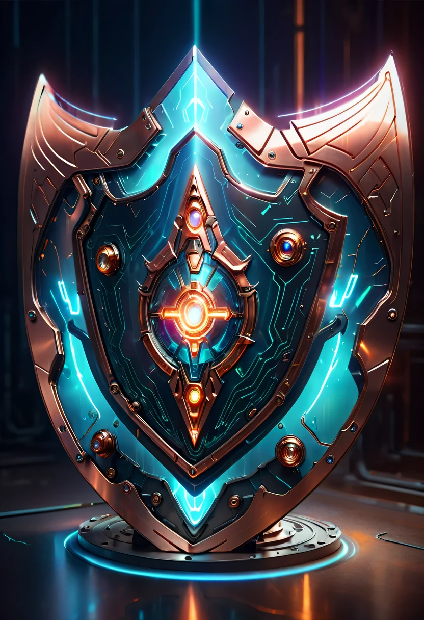 (Legendary Energy Light Shield:1.5),liquid metal,Copper plate engraving,Sci-fi transparent ethereal shield,cyberpunk,Holographic projection,mechanical aesthetics,neon lights,laser light,fluorescence,glow effect,liquid metal,Copper plate engraving,Unreal Engine,