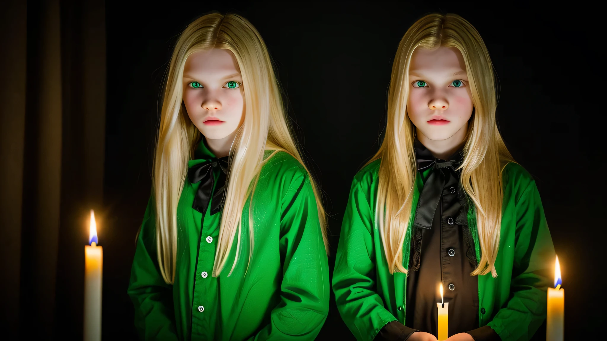 3 Russian children girls with 10 years old, WITH LONG STRAIGHT HAIR blonde, black leather jacket and black clothes, MANY candles with fire, PORTRAT STYLE, a green glow, detalized background of green glow, green glow, green ambient light, bright green, radioactive glow green, neon green, sickly green colors.