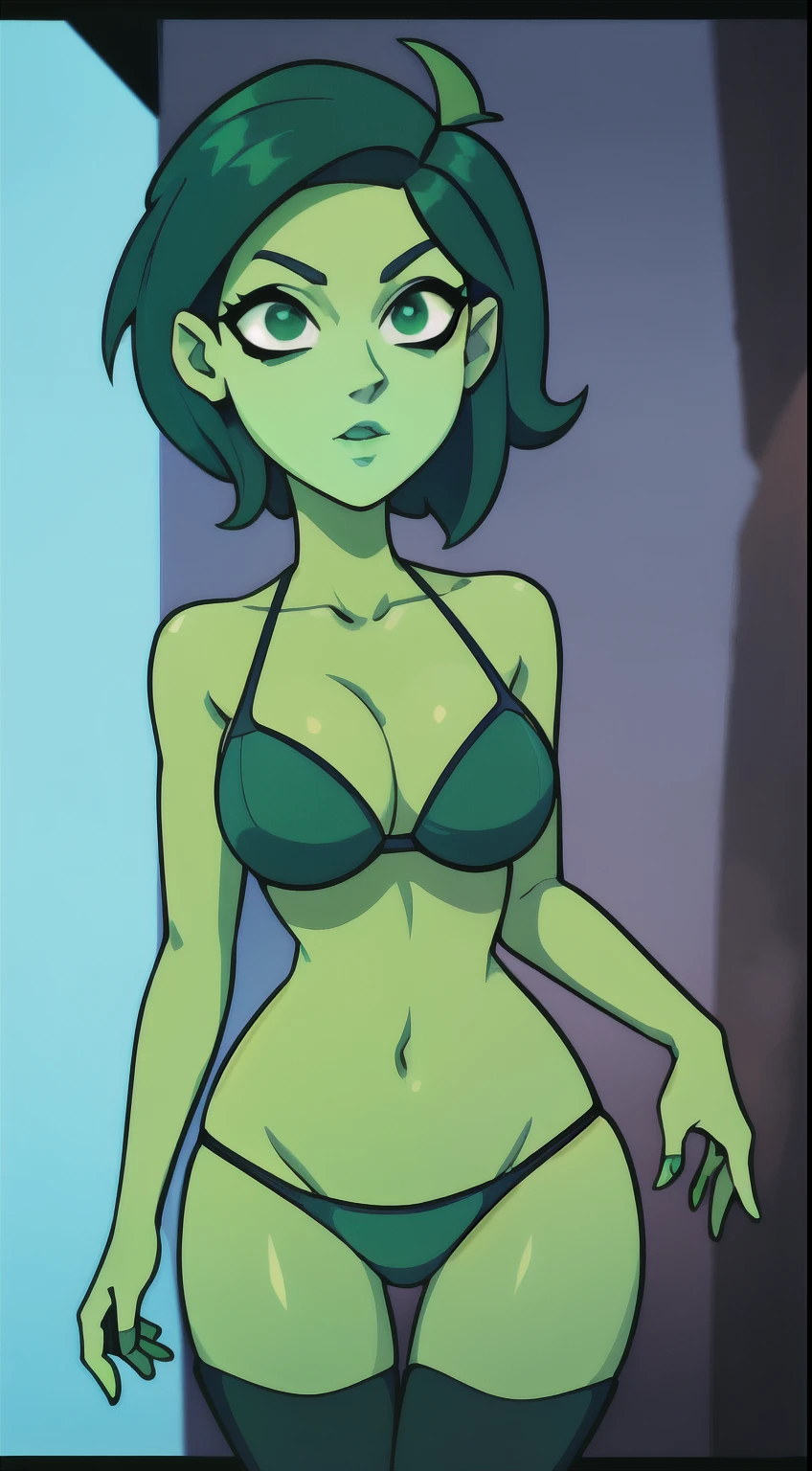 photo of Tendi, Orion from star trek, RAW, beautiful woman, ((portrait)), ((detailed face, anime eyes, anime mouth, anime nose:1.2)), (short shaved dark forest green hair:1.3), ((detailed facial features, detailed vibrant green skin, emerald green skin skin:1.5), (perfect proportioned body), (wearing a bikini) (high detailed city environment, apartment balcony), (realistic photo, best quality, detailed), (8k wallpaper), (cinematic lighting, dramatic lighting) (sharp focus, intricate)