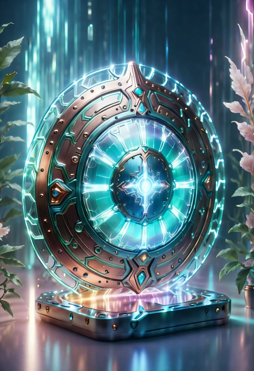 pastel tones，Light style，Comfortable and calm，nature，warm and cozy，garden，hyper detailed masterpiece，Dynamic，amazing quality，(Floating super large ethereal shield:1.6)，(Legendary Energy Light Shield:1.5)，liquid metal，Copper plate engraving，Sci-fi transparent ethereal shield，metallic feel，Retro cyberpunk，Surrealism，The Arthur effect, transparent body, Gradient translucent glass melt, Caustics, transparent glass texture, rainbow colors, Designed by Dietrams, simple, Shine in rich detail, White background, industrial design, Studio lights up, c4d, Overclocked renderer, Clean shadows, 4K，cyberpunk，Holographic projection，fault art，mechanical aesthetics，neon lights，laser light，fluorescence，glow effect，liquid metal，Copper plate engraving，Unreal Engine
