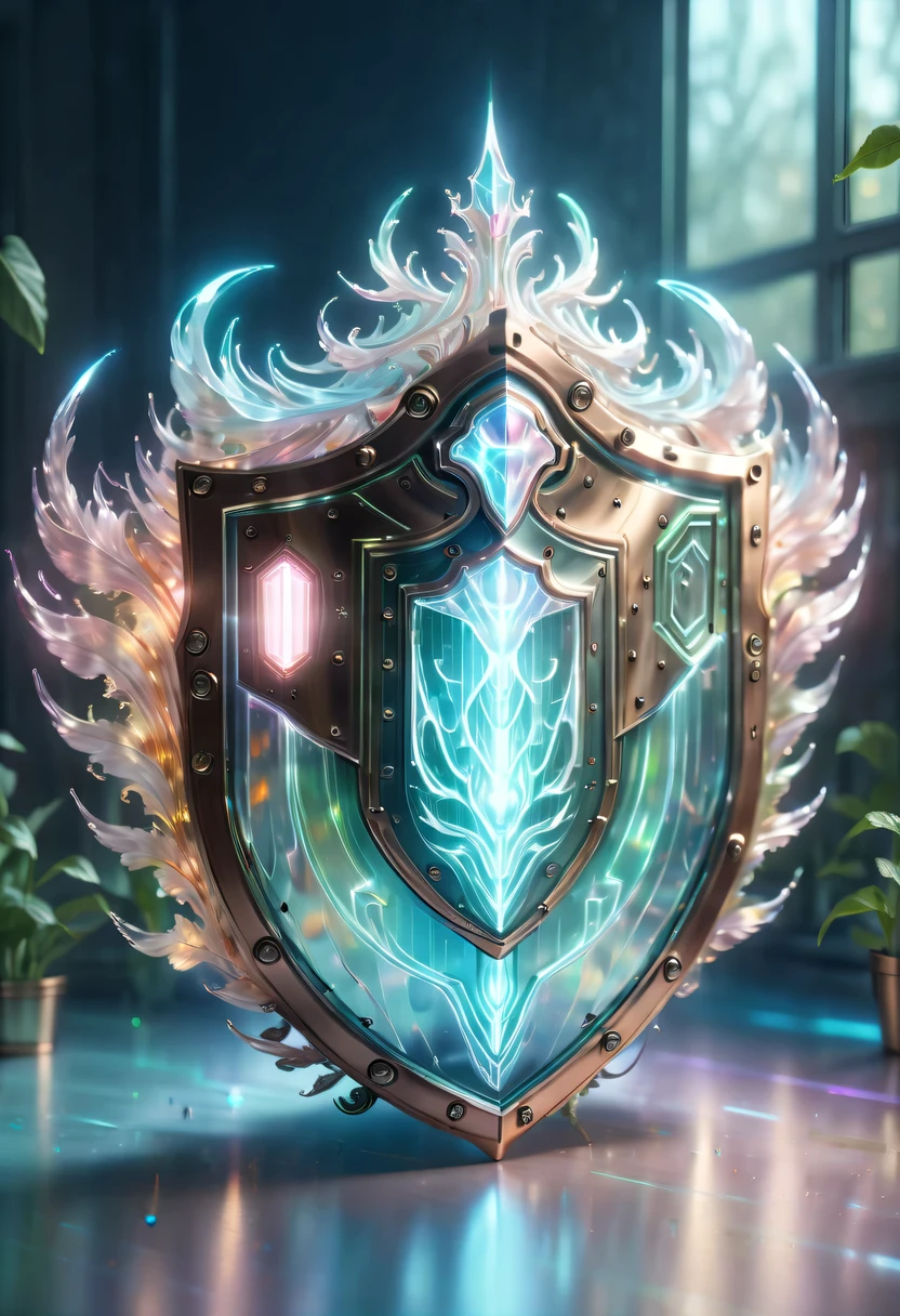 pastel tones,Light style,Comfortable and calm,nature,warm and cozy,garden,hyper detailed masterpiece,Dynamic,amazing quality,(Floating super large ethereal shield:1.6),(Legendary Energy Light Shield:1.5),liquid metal,Copper plate engraving,Sci-fi transparent ethereal shield,metallic feel,Retro cyberpunk,Surrealism,The Arthur effect, transparent body, Gradient translucent glass melt, Caustics, transparent glass texture, rainbow colors, Designed by Dietrams, simple, Shine in rich detail, White background, industrial design, Studio lights up, c4d, Overclocked renderer, Clean shadows, 4K,cyberpunk,Holographic projection,fault art,mechanical aesthetics,neon lights,laser light,fluorescence,glow effect,liquid metal,Copper plate engraving,Unreal Engine