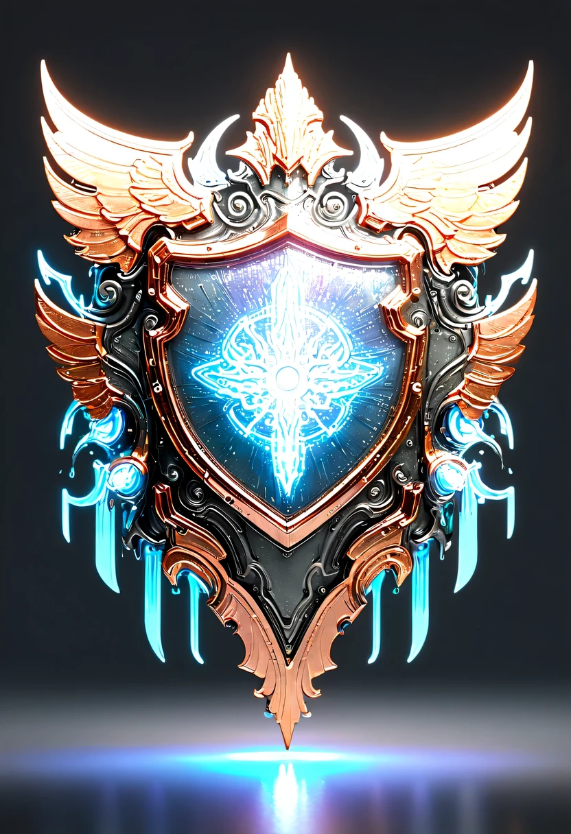 hyper detailed masterpiece,Dynamic,amazing quality,Floating super large ethereal shield,(Legendary Energy Light Shield:1.5),liquid metal,Copper plate engraving,Sci-fi transparent ethereal shield,metallic feel,Retro cyberpunk,Surrealism,The Arthur effect, transparent body, Gradient translucent glass melt, Caustics, transparent glass texture, rainbow colors, Designed by Dietrams, simple, Shine in rich detail, White background, industrial design, Studio lights up, c4d, Overclocked renderer, Clean shadows, 4K,cyberpunk,Holographic projection,fault art,mechanical aesthetics,neon lights,laser light,fluorescence,glow effect,liquid metal,Copper plate engraving,Unreal Engine