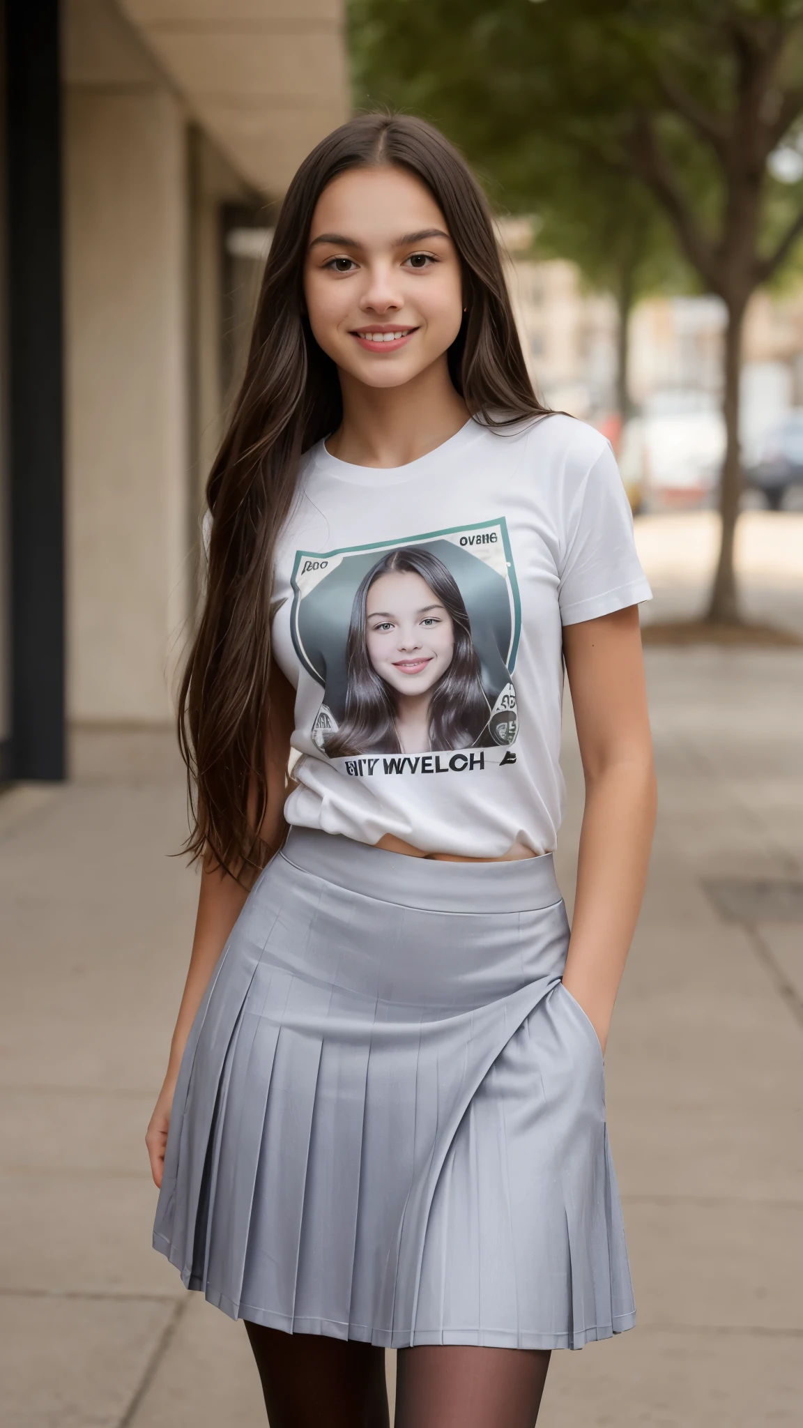 Olivia Rodrigo , long hair: 1.6, t-shirt, pleated skirt, pantyhose, small breasts, fair skin, photorealistic