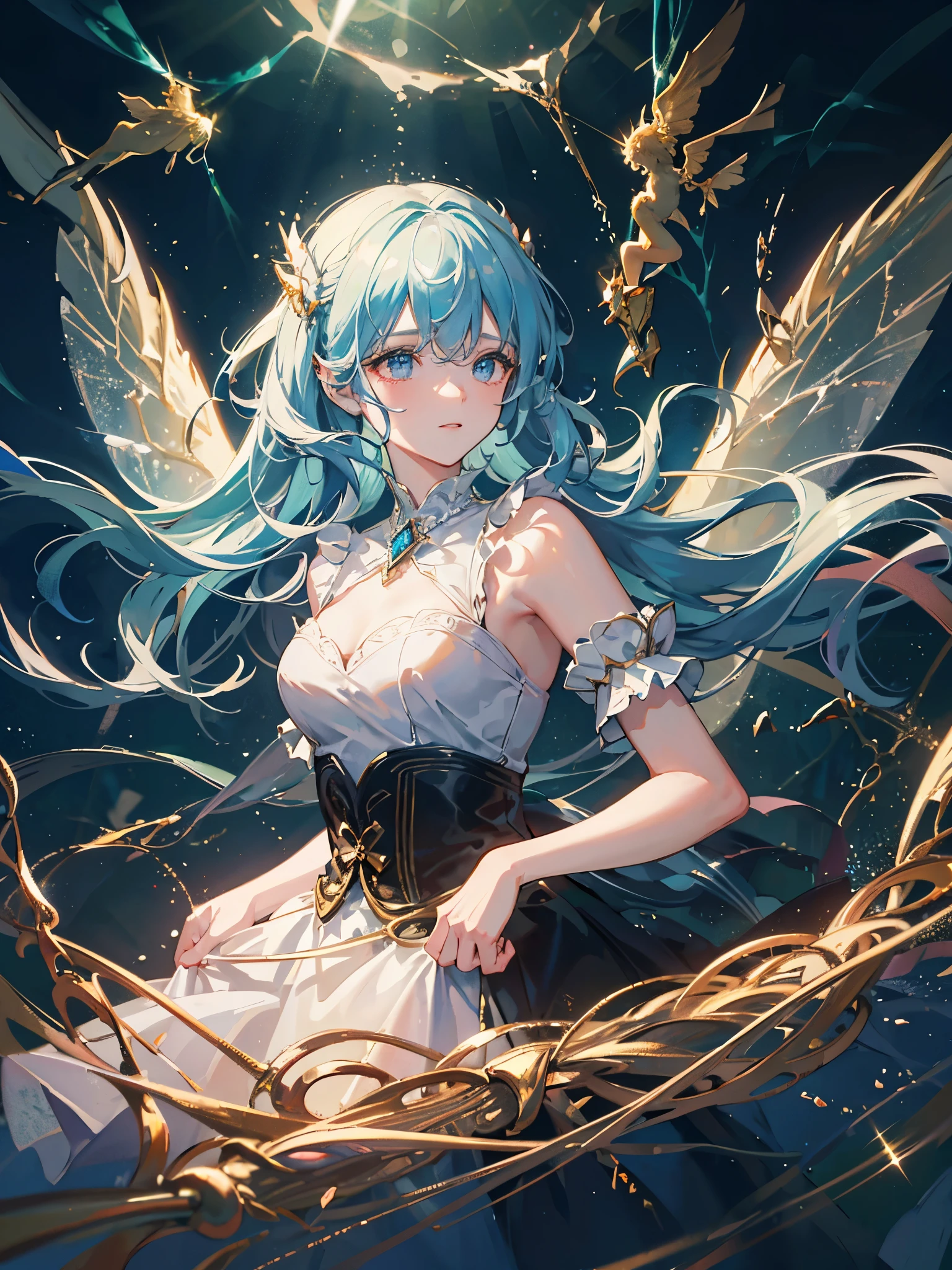 masterpiece, 1fairy, a flying female fairy, perfect face, light, glass tree forest, dramatic lighing, blindfold, ultra detailed, floating glow lights, depth of field, (shining dust)