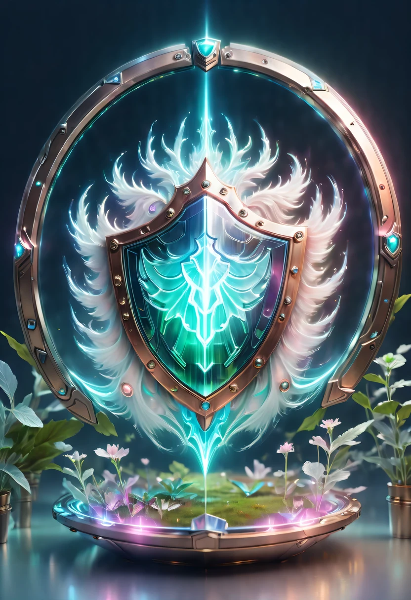 pastel tones,Light style,Comfortable and calm,nature,warm and cozy,garden,hyper detailed masterpiece,Dynamic,amazing quality,(Floating super large ethereal shield:1.6),(Legendary Energy Light Shield:1.5),liquid metal,Copper plate engraving,Sci-fi transparent ethereal shield,metallic feel,Retro cyberpunk,Surrealism,The Arthur effect, transparent body, Gradient translucent glass melt, Caustics, transparent glass texture, rainbow colors, Designed by Dietrams, simple, Shine in rich detail, White background, industrial design, Studio lights up, c4d, Overclocked renderer, Clean shadows, 4K,cyberpunk,Holographic projection,fault art,mechanical aesthetics,neon lights,laser light,fluorescence,glow effect,liquid metal,Copper plate engraving,Unreal Engine