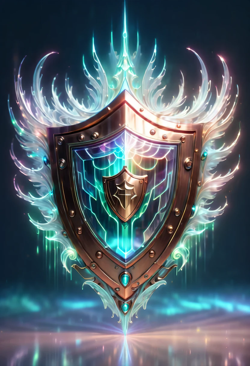 pastel tones,Light style,Comfortable and calm,nature,warm and cozy,garden,hyper detailed masterpiece,Dynamic,amazing quality,(Floating super large ethereal shield:1.6),(Legendary Energy Light Shield:1.5),liquid metal,Copper plate engraving,Sci-fi transparent ethereal shield,metallic feel,Retro cyberpunk,Surrealism,The Arthur effect, transparent body, Gradient translucent glass melt, Caustics, transparent glass texture, rainbow colors, Designed by Dietrams, simple, Shine in rich detail, White background, industrial design, Studio lights up, c4d, Overclocked renderer, Clean shadows, 4K,cyberpunk,Holographic projection,fault art,mechanical aesthetics,neon lights,laser light,fluorescence,glow effect,liquid metal,Copper plate engraving,Unreal Engine