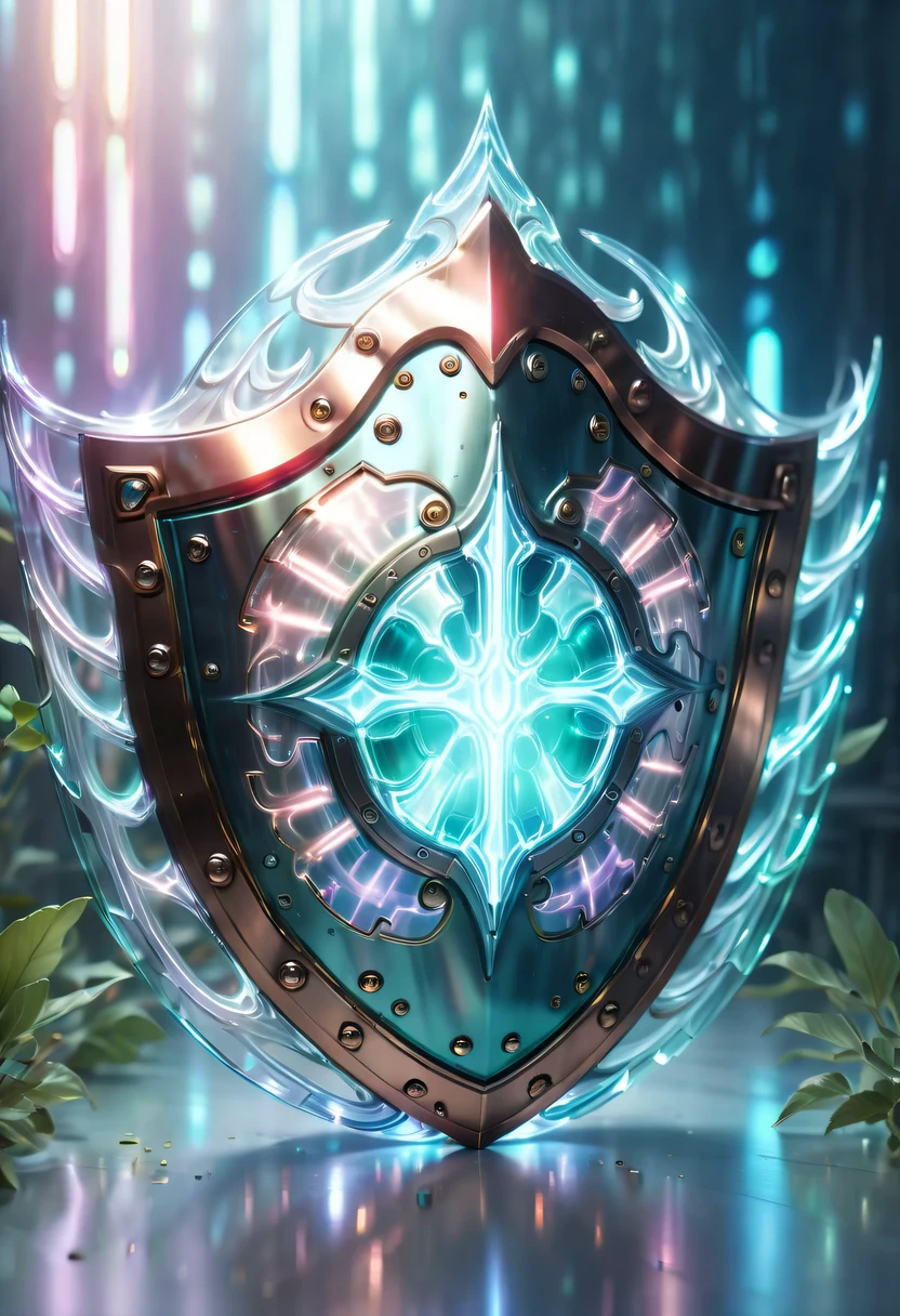 pastel tones,Light style,Comfortable and calm,nature,warm and cozy,garden,hyper detailed masterpiece,Dynamic,amazing quality,(Floating super large ethereal shield:1.6),(Legendary Energy Light Shield:1.5),liquid metal,Copper plate engraving,Sci-fi transparent ethereal shield,metallic feel,Retro cyberpunk,Surrealism,The Arthur effect, transparent body, Gradient translucent glass melt, Caustics, transparent glass texture, rainbow colors, Designed by Dietrams, simple, Shine in rich detail, White background, industrial design, Studio lights up, c4d, Overclocked renderer, Clean shadows, 4K,cyberpunk,Holographic projection,fault art,mechanical aesthetics,neon lights,laser light,fluorescence,glow effect,liquid metal,Copper plate engraving,Unreal Engine