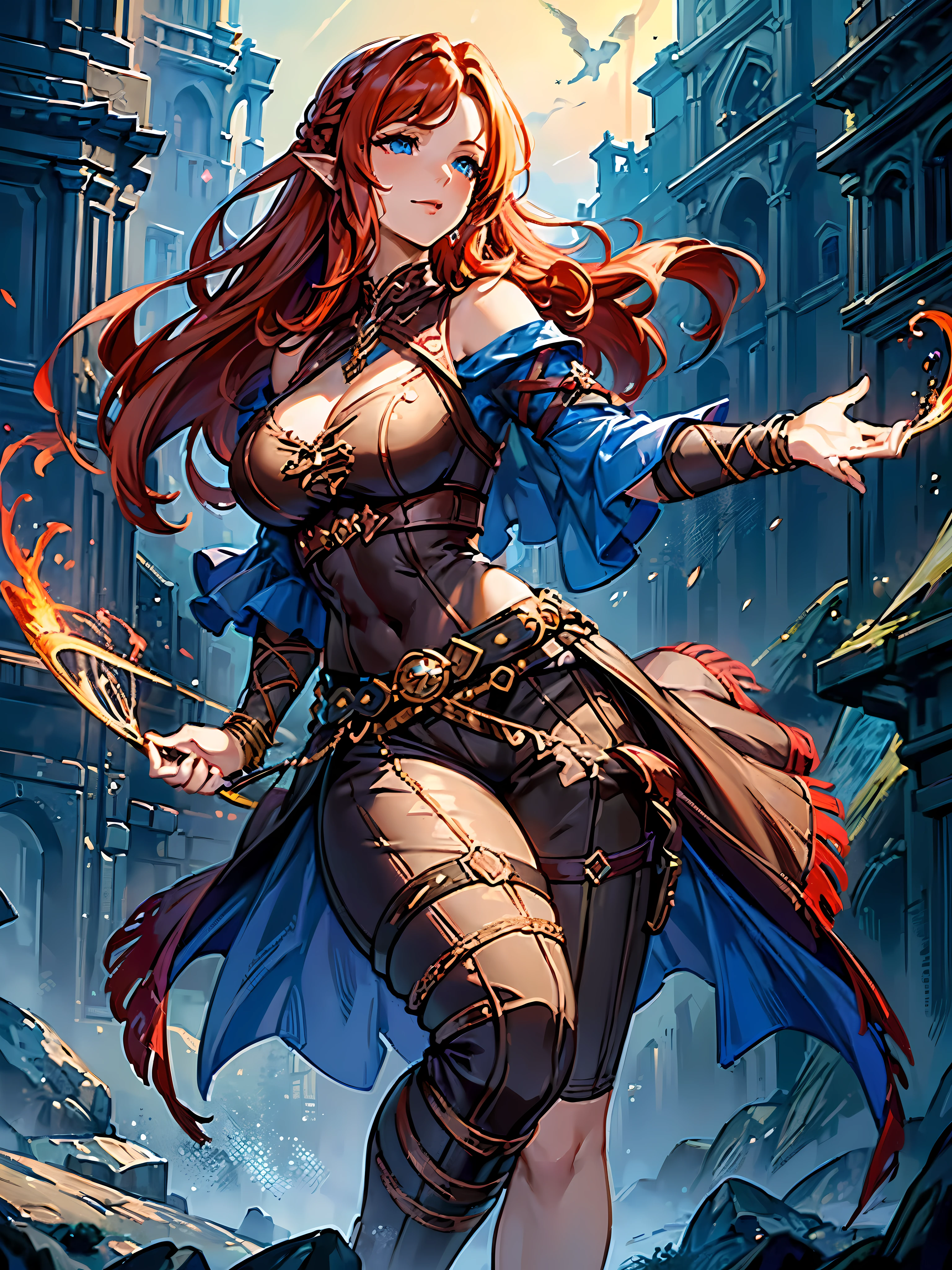 (masterpiece:1.4), extreamly detailed, perfect quality, portrait, a close up of a bard woman, Lohse, (redhead, shoulder length hair with a white strand of hair, silk pants with a wide linean belt, northen europe character, big tits, thick thighs, perfect abs, bard clothes, colorful clothes, dark fantasy character, blue eyes, upbeat and energetic, as well as sarcastic and good humored, floating in the dark labirinth), Artstation contest winner, fantasy art,concept art, lightning fantasy magic, epic exquisite character art, dark fantasy, female magician