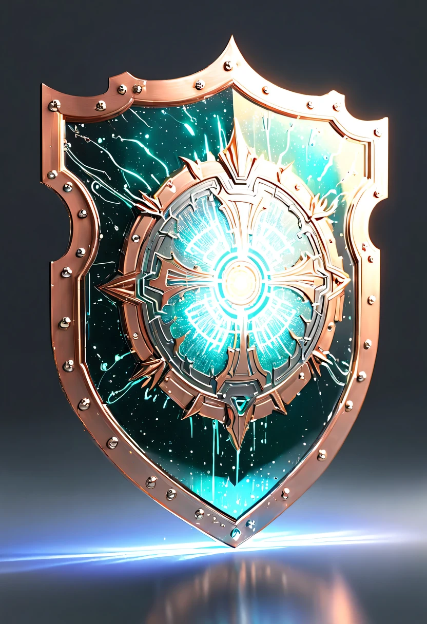 hyper detailed masterpiece，Dynamic，amazing quality，Floating super large ethereal shield，(Legendary Energy Light Shield:1.5)，liquid metal，Copper plate engraving，Sci-fi transparent ethereal shield，metallic feel，Retro cyberpunk，Surrealism，The Arthur effect, transparent body, Gradient translucent glass melt, Caustics, transparent glass texture, rainbow colors, Designed by Dietrams, simple, Shine in rich detail, White background, industrial design, Studio lights up, c4d, Overclocked renderer, Clean shadows, 4K，cyberpunk，Holographic projection，fault art，mechanical aesthetics，neon lights，laser light，fluorescence，glow effect，liquid metal，Copper plate engraving，Unreal Engine