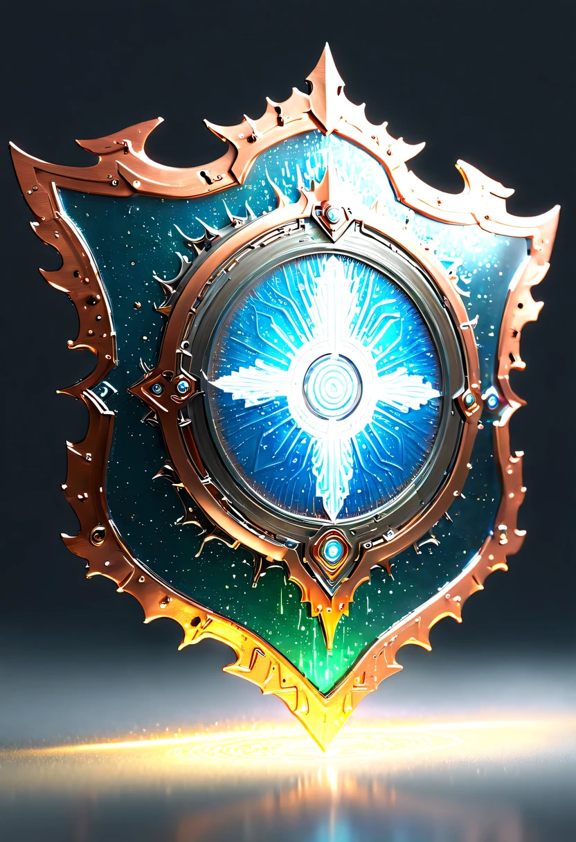 hyper detailed masterpiece，Dynamic，amazing quality，Floating super large ethereal shield，(Legendary Energy Light Shield:1.5)，liquid metal，Copper plate engraving，Sci-fi transparent ethereal shield，metallic feel，Retro cyberpunk，Surrealism，The Arthur effect, transparent body, Gradient translucent glass melt, Caustics, transparent glass texture, rainbow colors, Designed by Dietrams, simple, Shine in rich detail, White background, industrial design, Studio lights up, c4d, Overclocked renderer, Clean shadows, 4K，cyberpunk，Holographic projection，fault art，mechanical aesthetics，neon lights，laser light，fluorescence，glow effect，liquid metal，Copper plate engraving，Unreal Engine