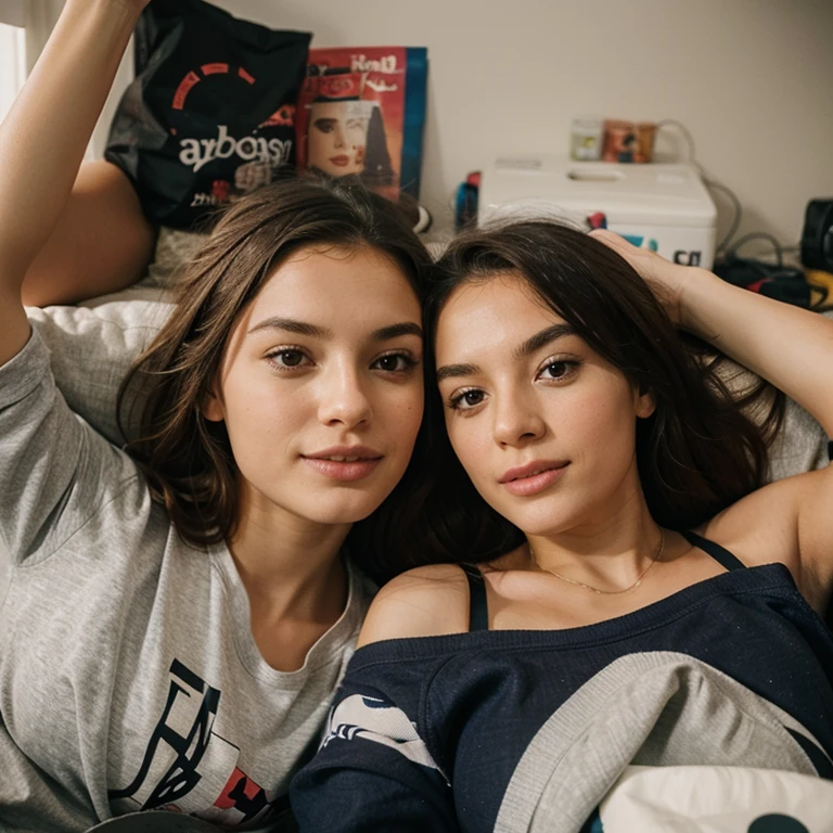 En qualité photo une adolescente de 16 ans qui fait un selfie sur son lit