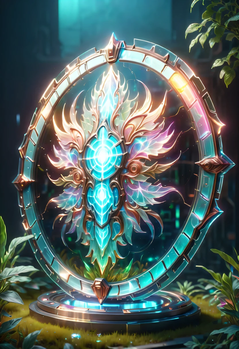 pastel tones,Light style,Comfortable and calm,nature,warm and cozy,garden,hyper detailed masterpiece,Dynamic,amazing quality,Floating super large ethereal shield,(Legendary Energy Light Shield:1.5),liquid metal,Copper plate engraving,Sci-fi transparent ethereal shield,metallic feel,Retro cyberpunk,Surrealism,The Arthur effect, transparent body, Gradient translucent glass melt, Caustics, transparent glass texture, rainbow colors, Designed by Dietrams, simple, Shine in rich detail, White background, industrial design, Studio lights up, c4d, Overclocked renderer, Clean shadows, 4K,cyberpunk,Holographic projection,fault art,mechanical aesthetics,neon lights,laser light,fluorescence,glow effect,liquid metal,Copper plate engraving,Unreal Engine