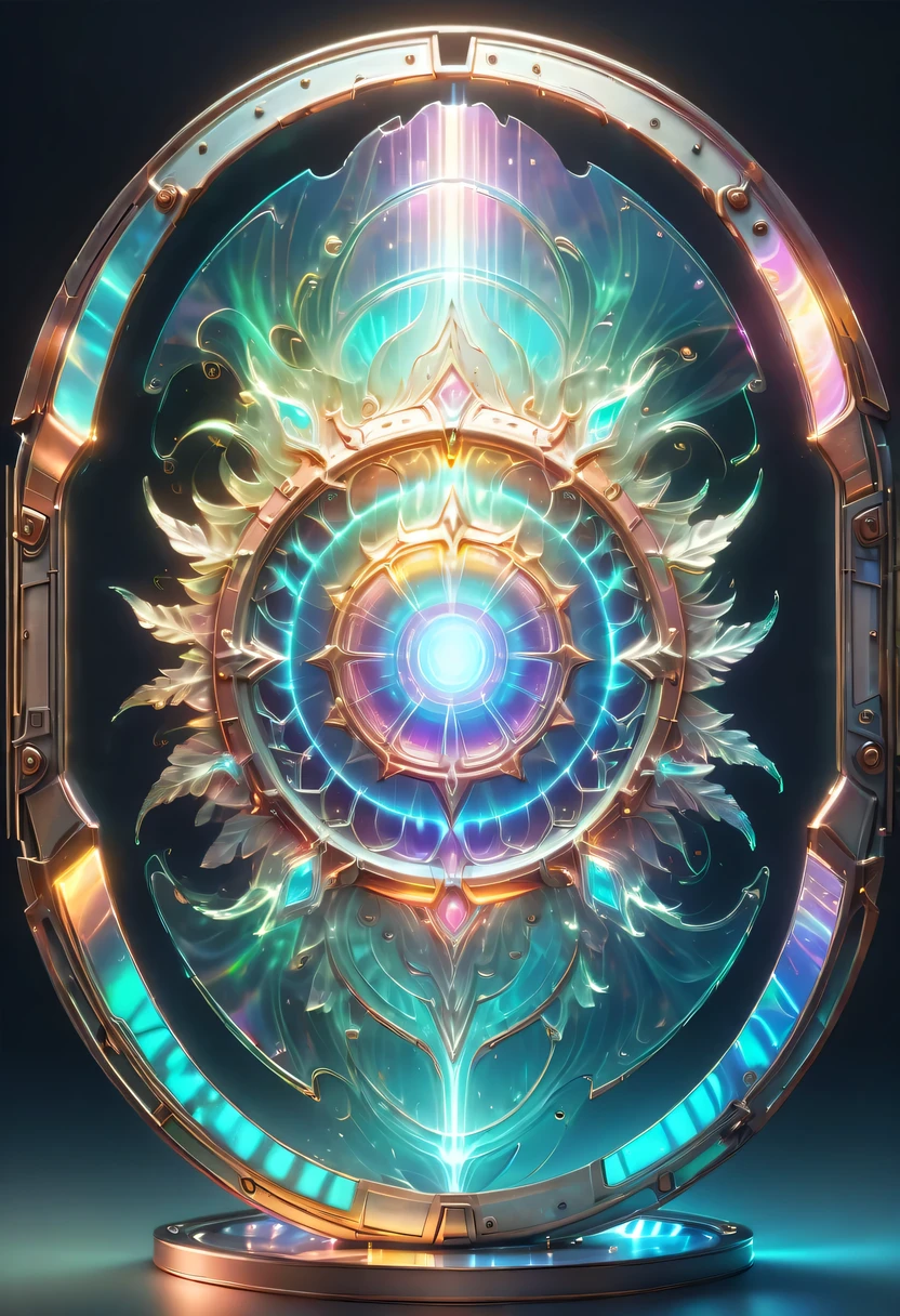 pastel tones,Light style,Comfortable and calm,nature,warm and cozy,garden,hyper detailed masterpiece,Dynamic,amazing quality,Floating super large ethereal shield,(Legendary Energy Light Shield:1.5),liquid metal,Copper plate engraving,Sci-fi transparent ethereal shield,metallic feel,Retro cyberpunk,Surrealism,The Arthur effect, transparent body, Gradient translucent glass melt, Caustics, transparent glass texture, rainbow colors, Designed by Dietrams, simple, Shine in rich detail, White background, industrial design, Studio lights up, c4d, Overclocked renderer, Clean shadows, 4K,cyberpunk,Holographic projection,fault art,mechanical aesthetics,neon lights,laser light,fluorescence,glow effect,liquid metal,Copper plate engraving,Unreal Engine