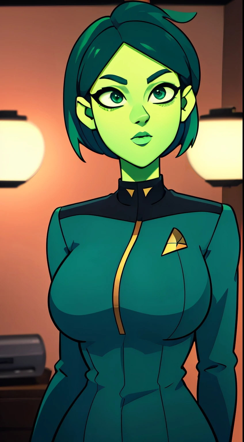 photo of Tendi, Orion from star trek, RAW, beautiful woman, ((portrait)), ((detailed face, anime eyes, anime mouth, anime nose:1.2)), (short shaved dark forest green hair:1.3), ((detailed facial features, detailed vibrant green skin, emerald green skin skin:1.5), (perfect proportioned body), (wearing a gold Starfleet uniform) (high detailed city environment, apartment balcony), (realistic photo, best quality, detailed), (8k wallpaper), (cinematic lighting, dramatic lighting) (sharp focus, intricate)