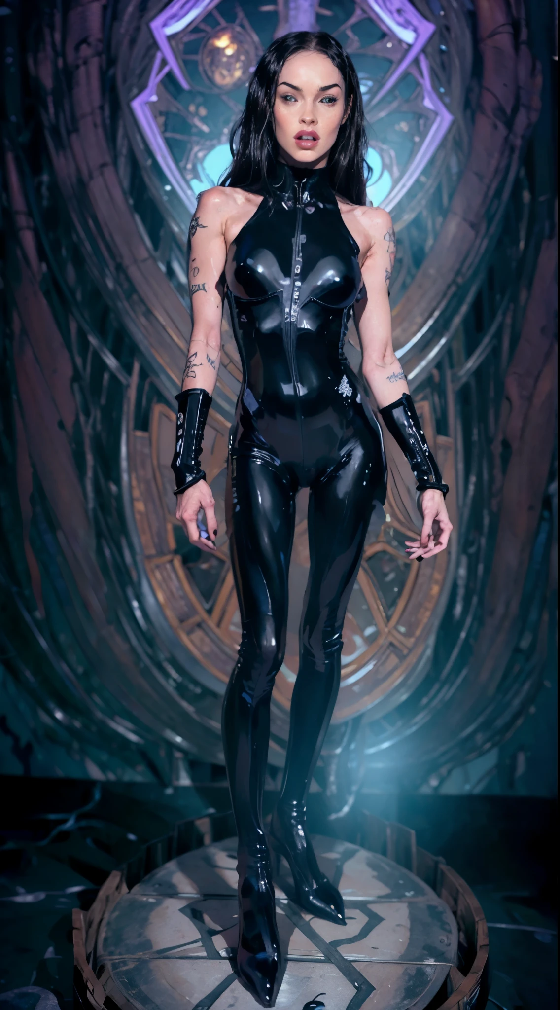 (megan fox:1.25), a drawing of an alien human hybrid female in latex bodysuit, (black hollow eyes:1.5), (alien muscular anatomy:1.25), (latex bodysuit:1.25), (extreme muscular definition:1.5), (full body pose:1.25), (huge upper body:1.25), (wide shoulders:1.25), veins, in the art style of H.P. Giger, masterpiece, best quality, Ultra photorealistic image