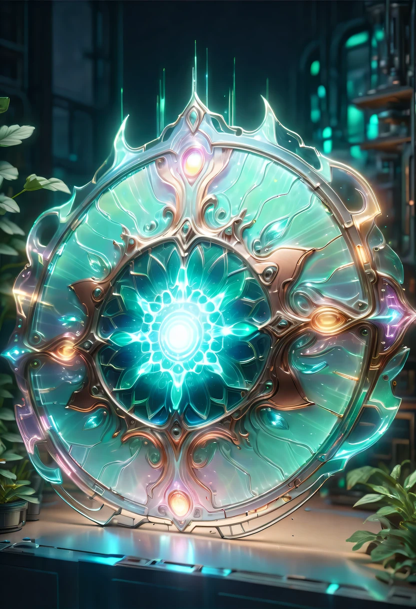 pastel tones,Light style,Comfortable and calm,nature,warm and cozy,garden,hyper detailed masterpiece,Dynamic,amazing quality,Floating super large ethereal shield,(Legendary Energy Light Shield:1.5),liquid metal,Copper plate engraving,Sci-fi transparent ethereal shield,metallic feel,Retro cyberpunk,Surrealism,The Arthur effect, transparent body, Gradient translucent glass melt, Caustics, transparent glass texture, rainbow colors, Designed by Dietrams, simple, Shine in rich detail, White background, industrial design, Studio lights up, c4d, Overclocked renderer, Clean shadows, 4K,cyberpunk,Holographic projection,fault art,mechanical aesthetics,neon lights,laser light,fluorescence,glow effect,liquid metal,Copper plate engraving,Unreal Engine