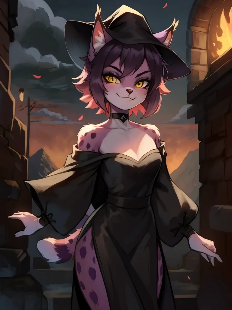 absurdres, furry, female furry, anthro, trending on artstation, uploaded on e621, detailed portrait of a anthro woman, extreme detail, detailed fluffy fur, full body, blushing, detailed eyes, (shaded), (detailed lighting), (cinematic lighting), (masterpiece, hi res, RAW photo, high resolution, high details, best quality), high definition, (high sharpness:1.3), rabbit ears, rabbit tail, dark blue fur, long_hair, low twintails, pink_colored_streaked_hair, diagonal_bangs, dark_orange_eyes, witch dress, witch hat, witch cape, cleavage, desert, Standing with hands on hips, making a silly face
